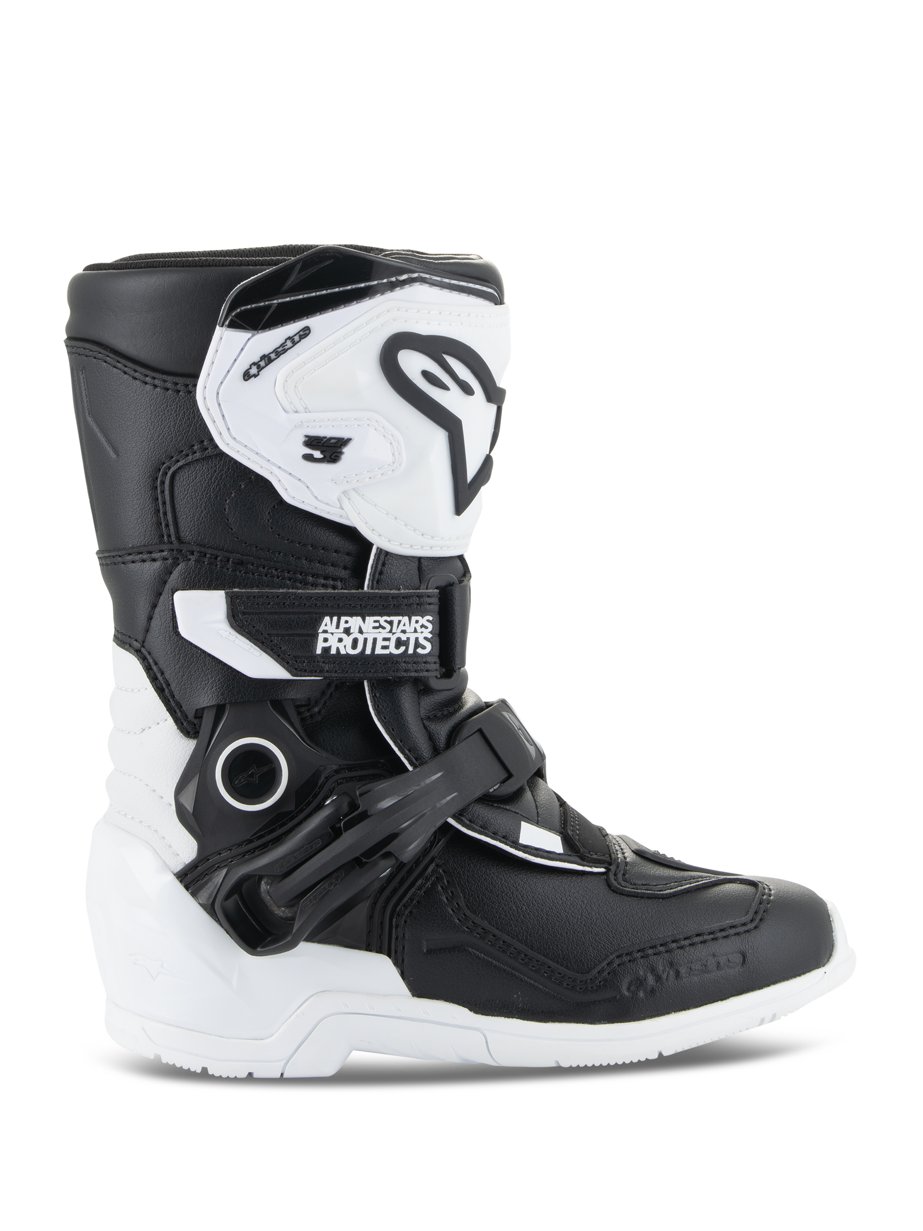 Bottes Alpinestars Kids Tech 3S, bottes de motocross pour enfants, blanc et noir, vue latérale montrant le design montant, système de fermeture à boucles et sangles, plaque de tibia protectrice en TPU et semelle blanche, chaussures de moto tout-terrain pour enfants