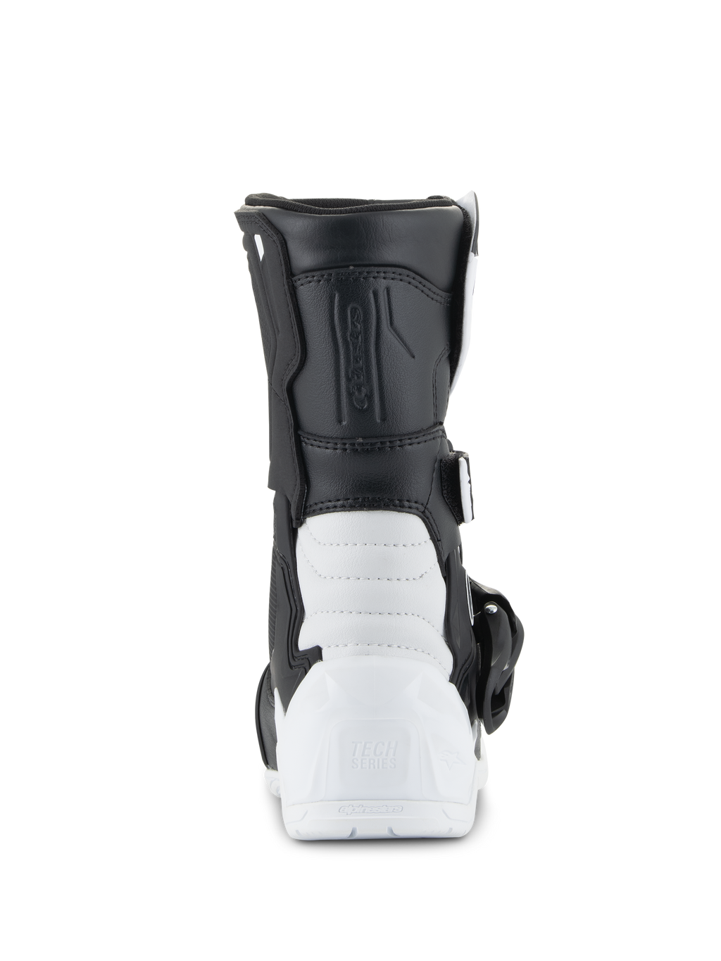 Bottes Alpinestars Tech 3S Enfant, bottes de motocross, blanc et noir, vue arrière montrant le talon en TPU renforcé avec le logo Tech Series, tige synthétique noire et coque inférieure blanche, chaussures de protection tout-terrain pour enfants