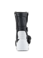 Bottes Alpinestars Tech 3S Enfant, bottes de motocross, blanc et noir, vue arrière montrant le talon en TPU renforcé avec le logo Tech Series, tige synthétique noire et coque inférieure blanche, chaussures de protection tout-terrain pour enfants