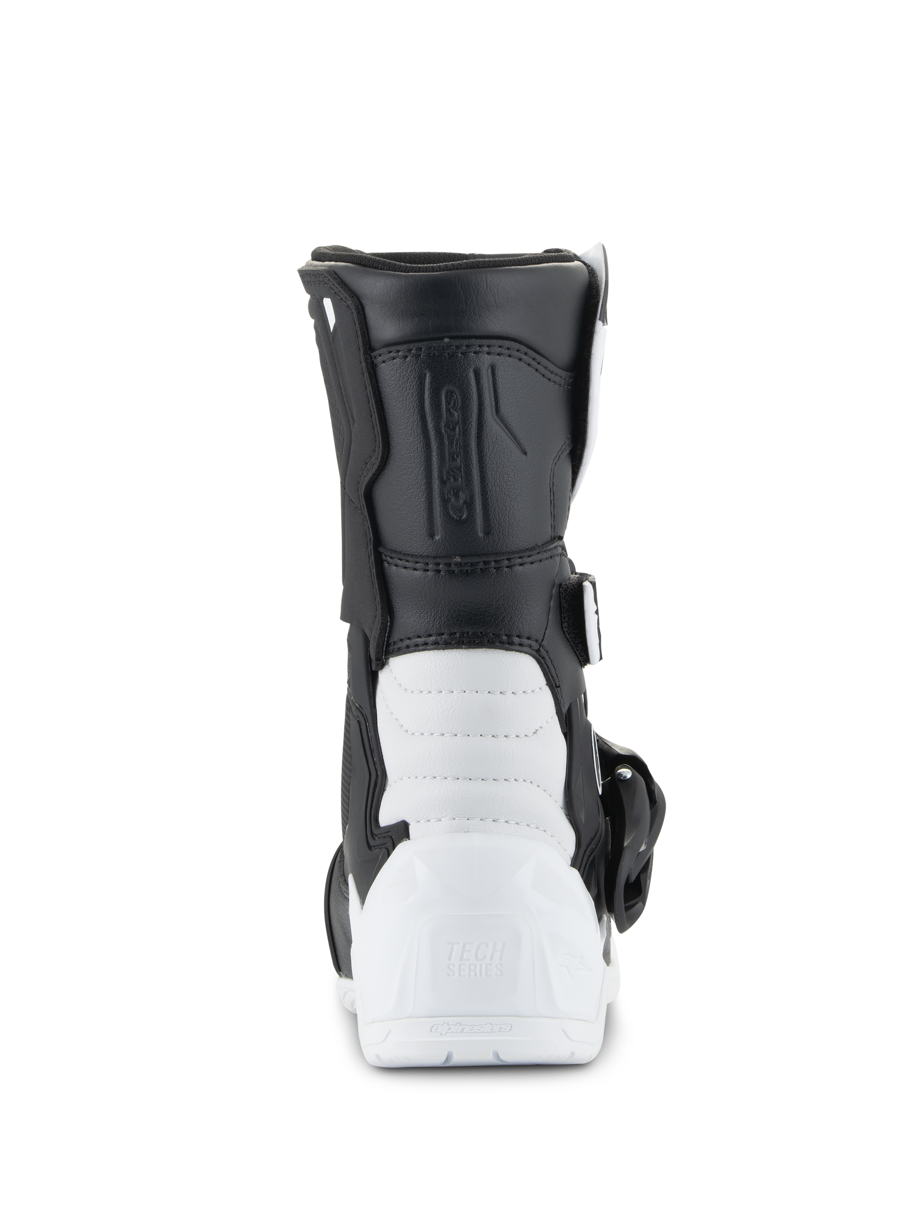 Bottes Alpinestars Tech 3S Enfant, bottes de motocross, blanc et noir, vue arrière montrant le talon en TPU renforcé avec le logo Tech Series, tige synthétique noire et coque inférieure blanche, chaussures de protection tout-terrain pour enfants