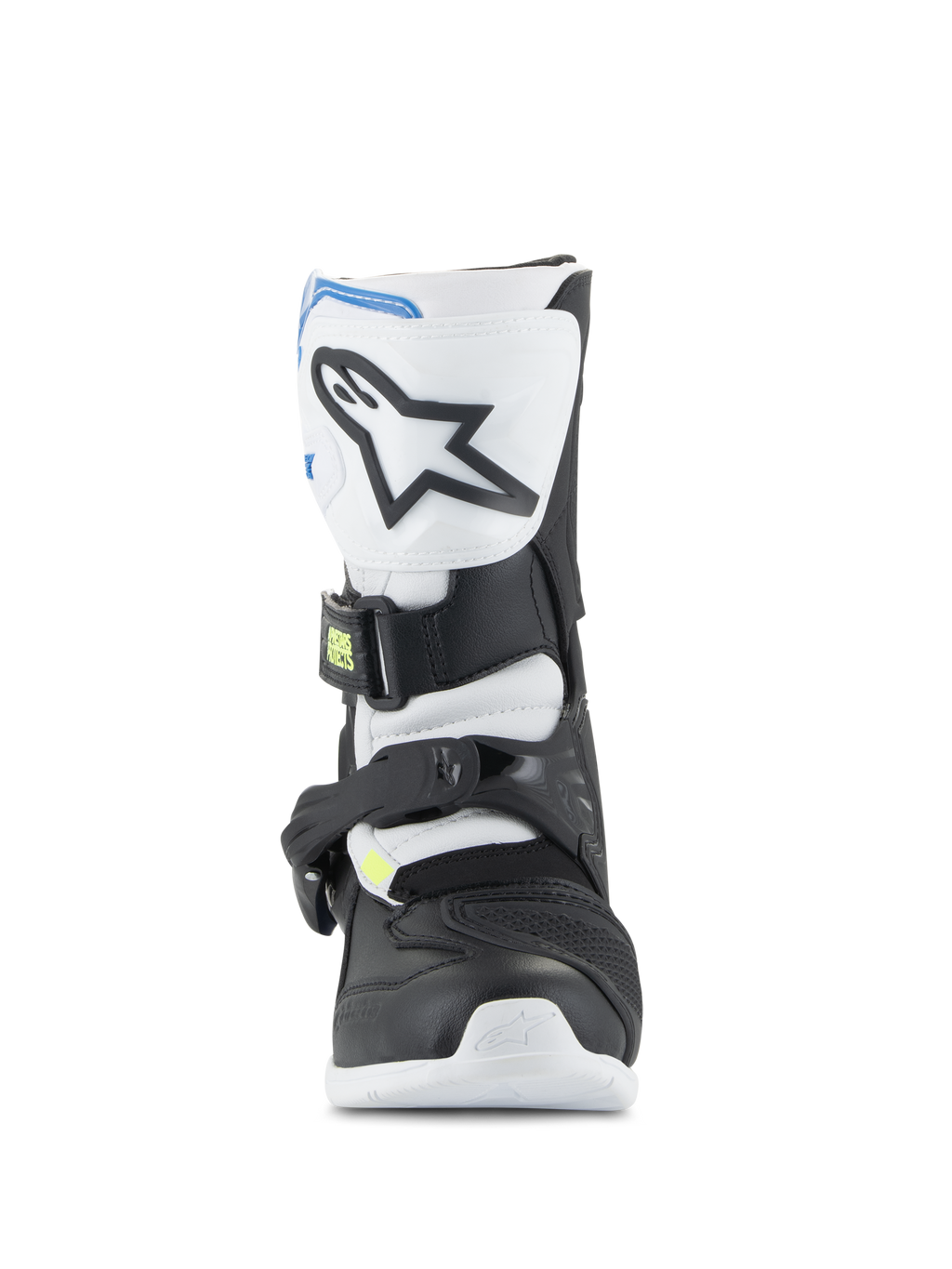 Alpinestars Kids Tech 3S laarzen, jeugd motorcrosslaarzen, wit, zwart en emaille blauw, vooraanzicht met TPU-scheenplaat met sterlogo, zwarte en witte panelen en een veilig gespsluitingssysteem