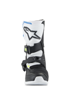 Alpinestars Kids Tech 3S laarzen, jeugd motorcrosslaarzen, wit, zwart en emaille blauw, vooraanzicht met TPU-scheenplaat met sterlogo, zwarte en witte panelen en een veilig gespsluitingssysteem