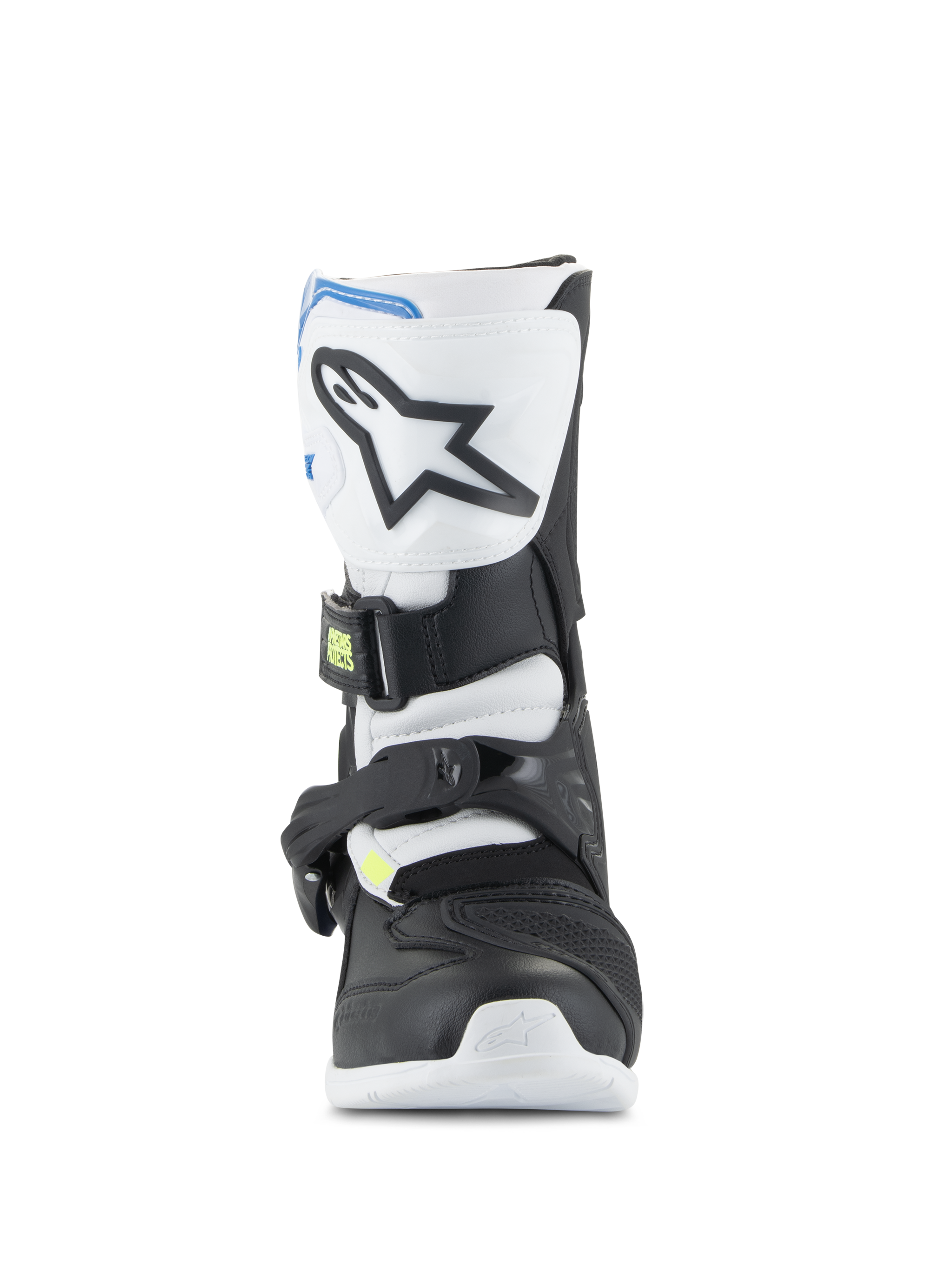 Alpinestars Kids Tech 3S laarzen, jeugd motorcrosslaarzen, wit, zwart en emaille blauw, vooraanzicht met TPU-scheenplaat met sterlogo, zwarte en witte panelen en een veilig gespsluitingssysteem