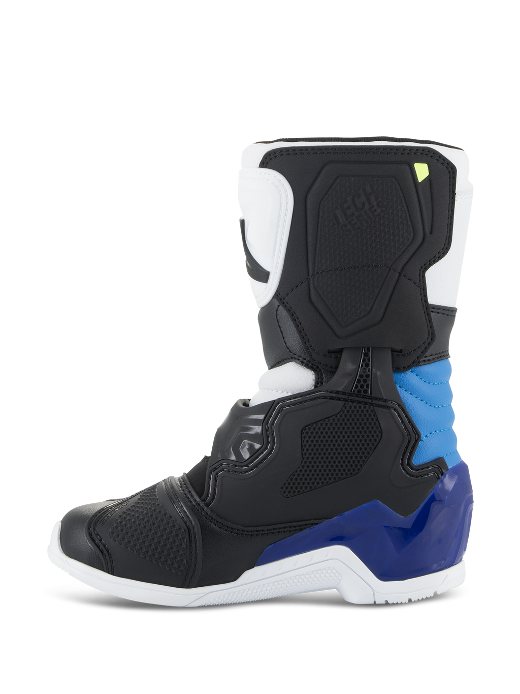 Alpinestars Kids Tech 3S laarzen, motorcrosslaarzen, wit zwart emaille blauw, zijprofiel met zwarte en witte panelen met levendige blauwe hiel- en enkelaccenten, witte zool en gestructureerde beschermende schaal voor off-road racen