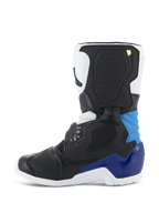 Alpinestars Kids Tech 3S laarzen, motorcrosslaarzen, wit zwart emaille blauw, zijprofiel met zwarte en witte panelen met levendige blauwe hiel- en enkelaccenten, witte zool en gestructureerde beschermende schaal voor off-road racen
