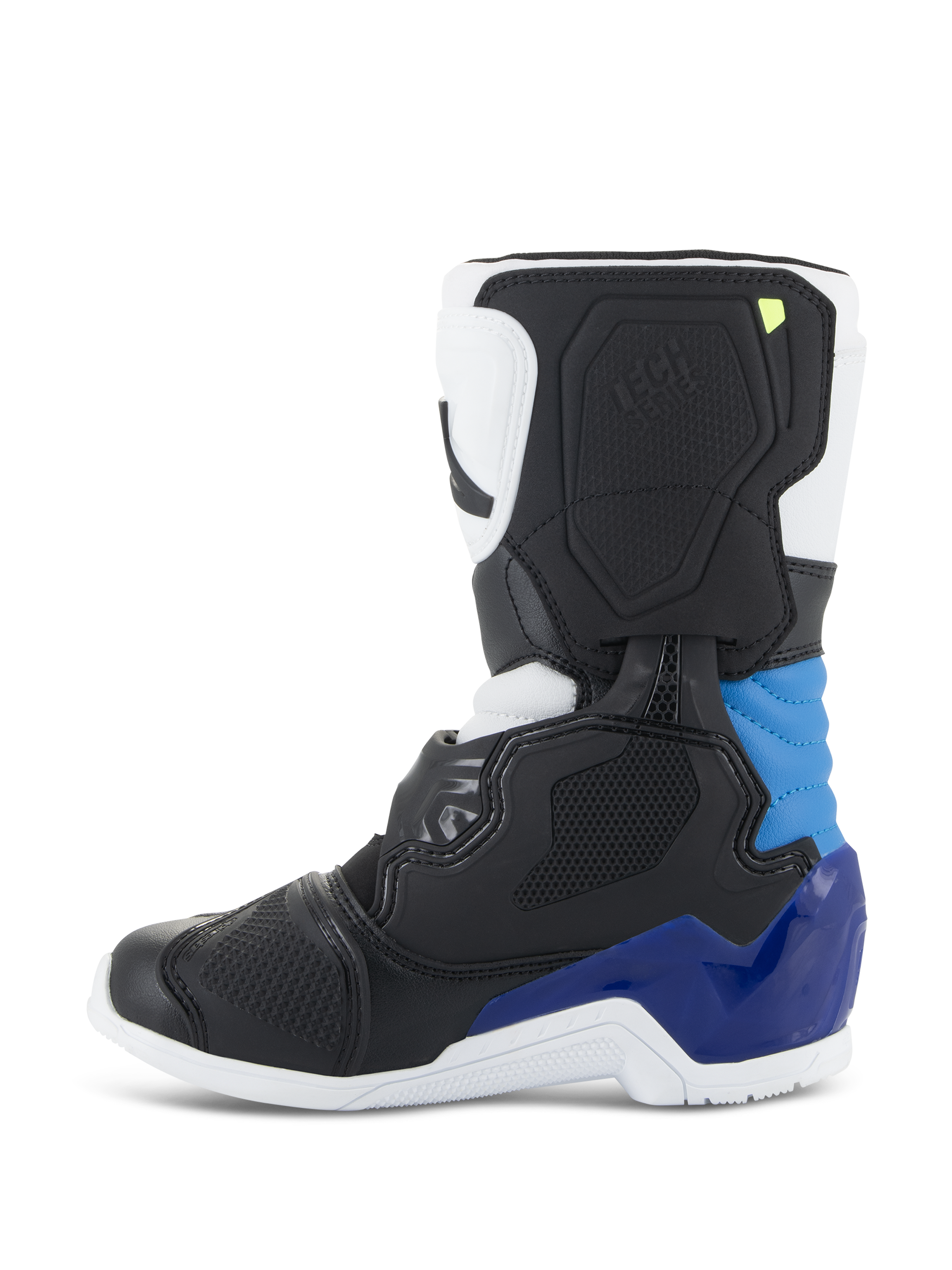 Alpinestars Kids Tech 3S laarzen, motorcrosslaarzen, wit zwart emaille blauw, zijprofiel met zwarte en witte panelen met levendige blauwe hiel- en enkelaccenten, witte zool en gestructureerde beschermende schaal voor off-road racen