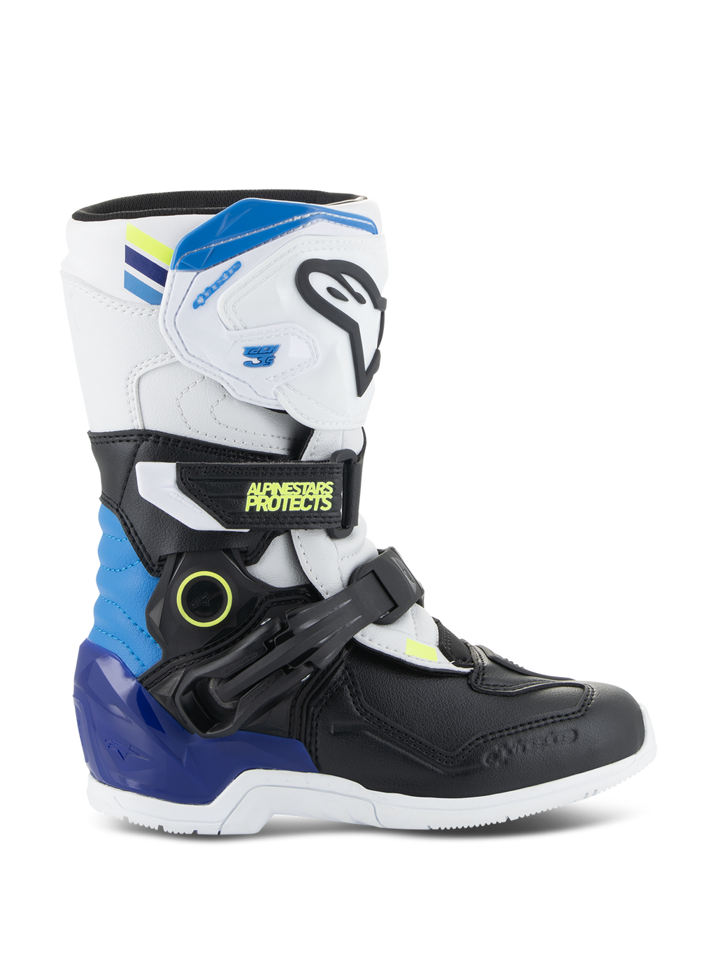 Alpinestars Kids Tech 3S motorlaarzen, jeugd motorcrosslaarzen, wit en zwart met blauwe en gele accenten, zijaanzicht met beschermende gespen en een robuuste zool, off-road raceschoeisel
