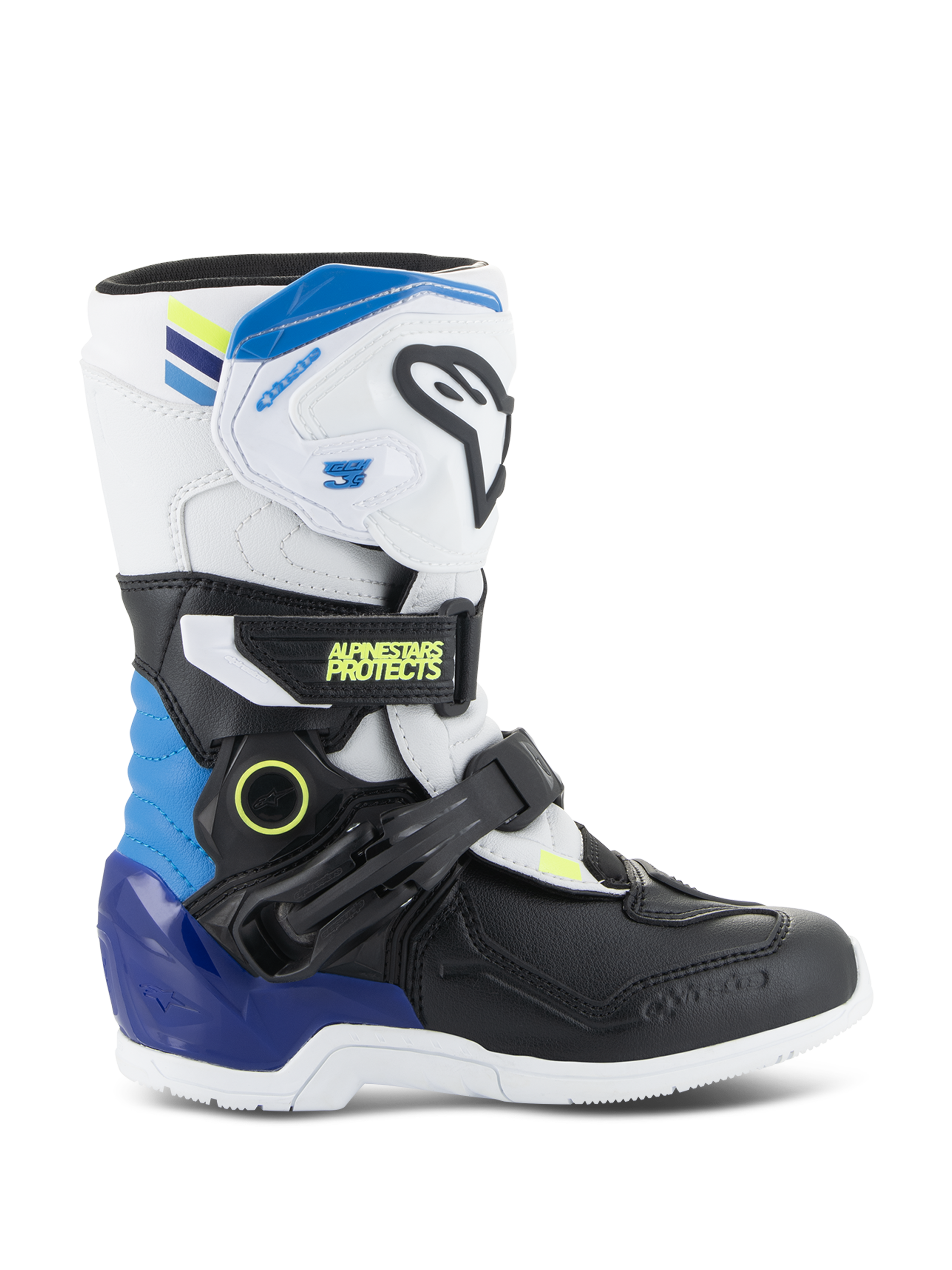 Alpinestars Kids Tech 3S motorlaarzen, jeugd motorcrosslaarzen, wit en zwart met blauwe en gele accenten, zijaanzicht met beschermende gespen en een robuuste zool, off-road raceschoeisel