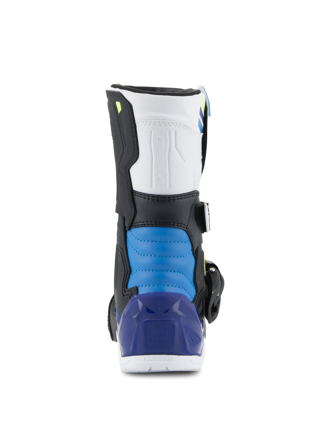Alpinestars Tech 3S Kids laarzen, motorcrosslaarzen, White Black Enamel Blue, achteraanzicht met een blauw gewatteerd hielgedeelte en doorschijnende blauwe hielkap, duurzame off-road beschermende kleding voor kinderen