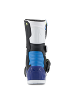Alpinestars Tech 3S Kids laarzen, motorcrosslaarzen, White Black Enamel Blue, achteraanzicht met een blauw gewatteerd hielgedeelte en doorschijnende blauwe hielkap, duurzame off-road beschermende kleding voor kinderen