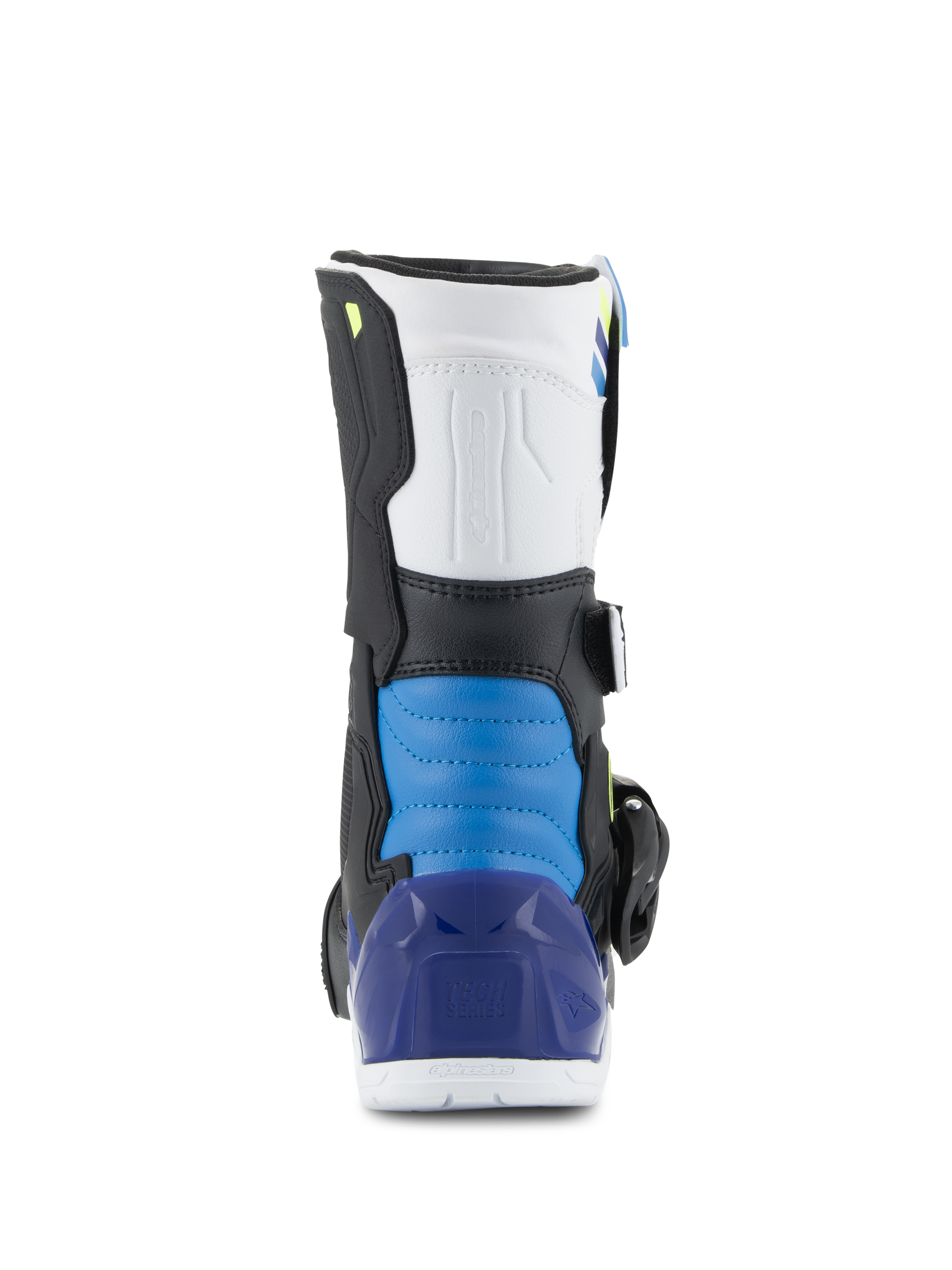 Alpinestars Tech 3S Kids laarzen, motorcrosslaarzen, White Black Enamel Blue, achteraanzicht met een blauw gewatteerd hielgedeelte en doorschijnende blauwe hielkap, duurzame off-road beschermende kleding voor kinderen