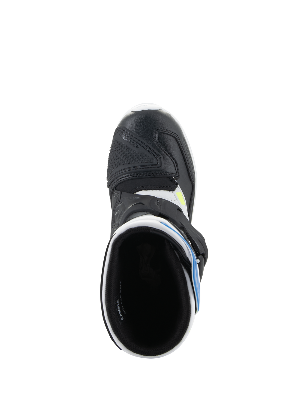 Alpinestars Kids Tech 3S laarzen, motorcrosslaarzen, wit, zwart en enamel blauw, bovenaanzicht met de binnenkant van de laars, zwarte microvezel neus met beschermende versteviging en blauwe accenten, off-road motorschoeisel
