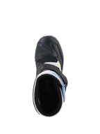 Alpinestars Kids Tech 3S laarzen, motorcrosslaarzen, wit, zwart en enamel blauw, bovenaanzicht met de binnenkant van de laars, zwarte microvezel neus met beschermende versteviging en blauwe accenten, off-road motorschoeisel