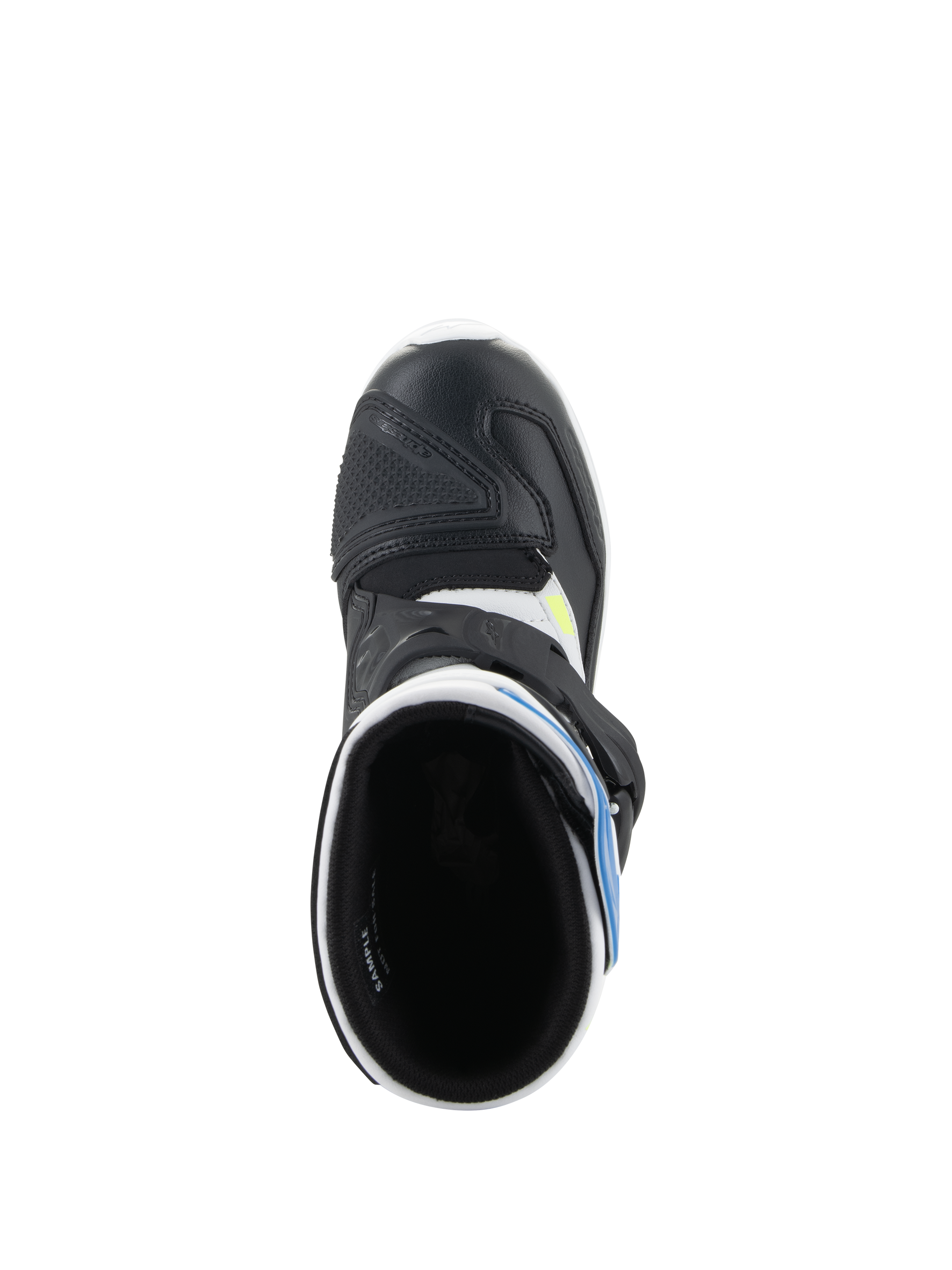 Alpinestars Kids Tech 3S laarzen, motorcrosslaarzen, wit, zwart en enamel blauw, bovenaanzicht met de binnenkant van de laars, zwarte microvezel neus met beschermende versteviging en blauwe accenten, off-road motorschoeisel