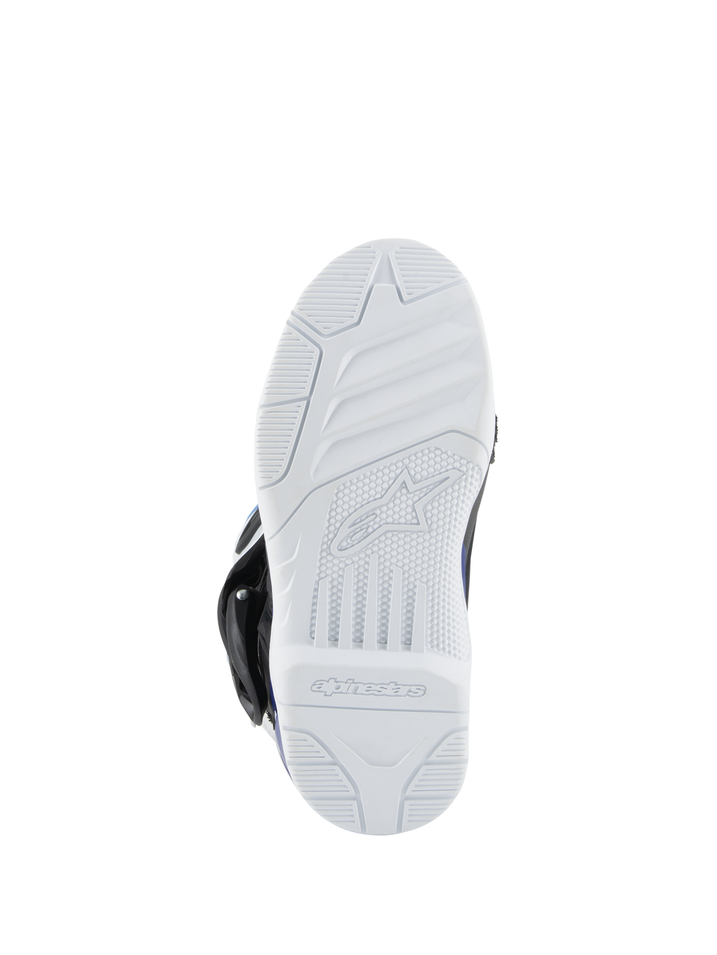 Alpinestars Kids Tech 3S Boots, motorcrosslaarzen, witte rubberen buitenzool, geprofileerd loopvlak voor off-road grip, voorzien van het Alpinestars-logo en woordmerk aan de onderzijde.
