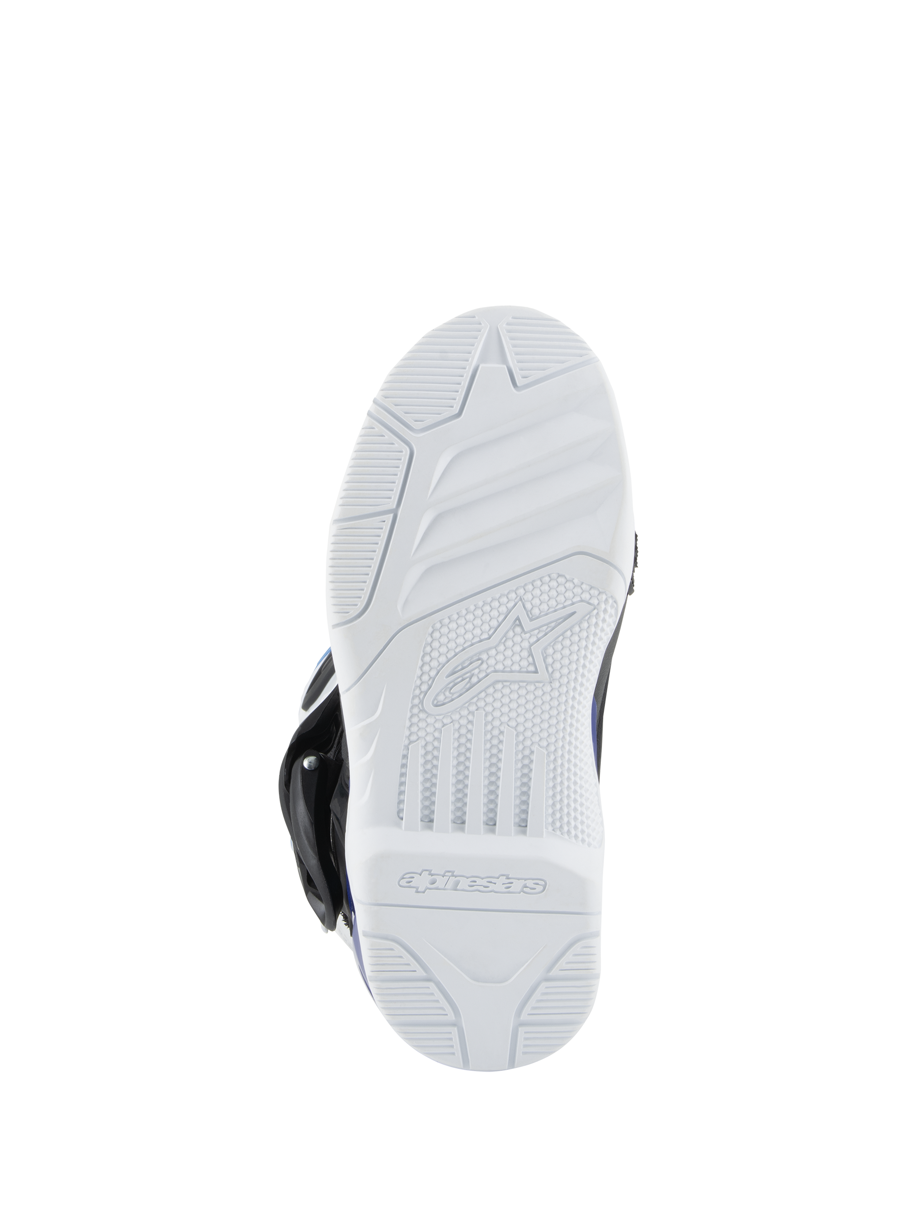 Alpinestars Kids Tech 3S Boots, motorcrosslaarzen, witte rubberen buitenzool, geprofileerd loopvlak voor off-road grip, voorzien van het Alpinestars-logo en woordmerk aan de onderzijde.