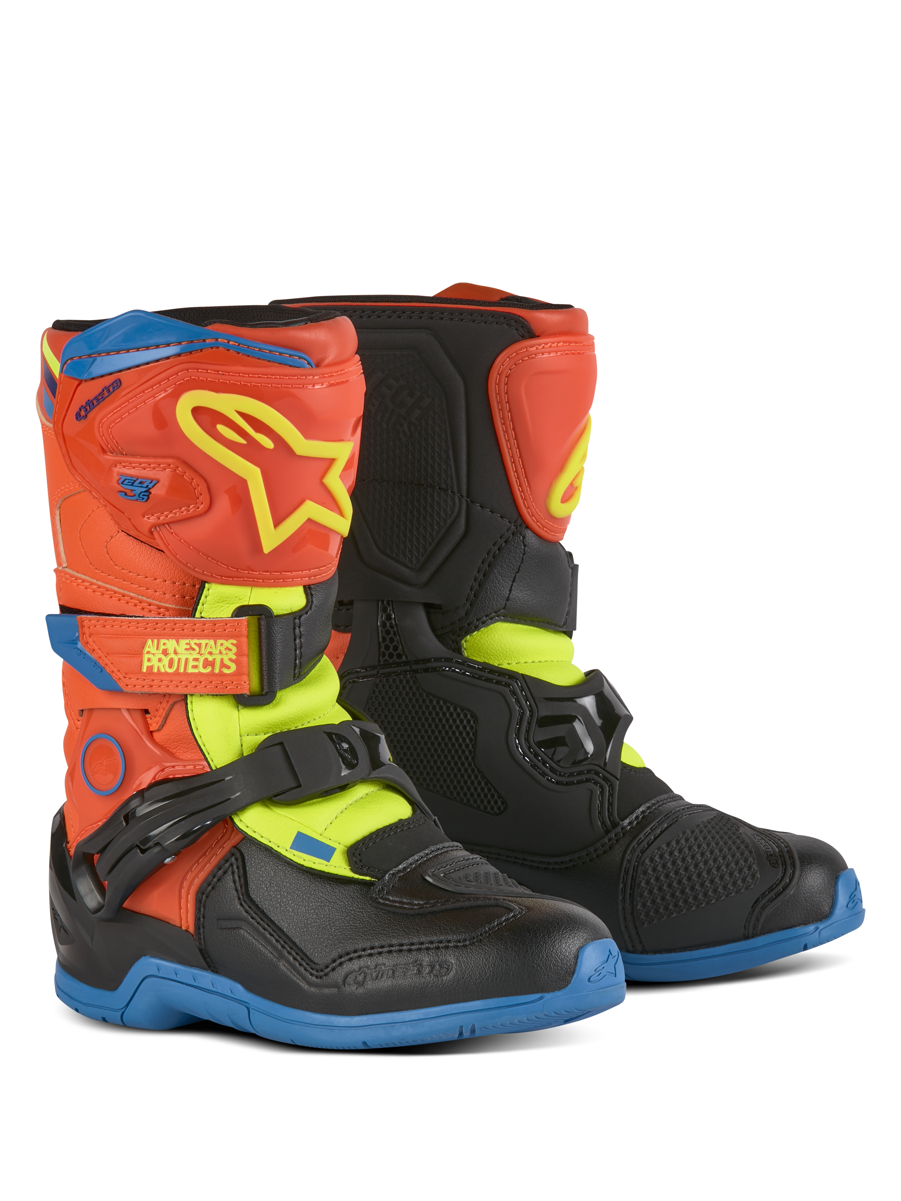 Alpinestars Kids Tech 3S Boots, bottes de motocross, orange fluo, bleu émail et jaune fluo avec noir, dotées de fermetures à boucles et crochets, d'une plaque de tibia en TPU et de semelles en caoutchouc durables pour la conduite tout-terrain des jeunes.