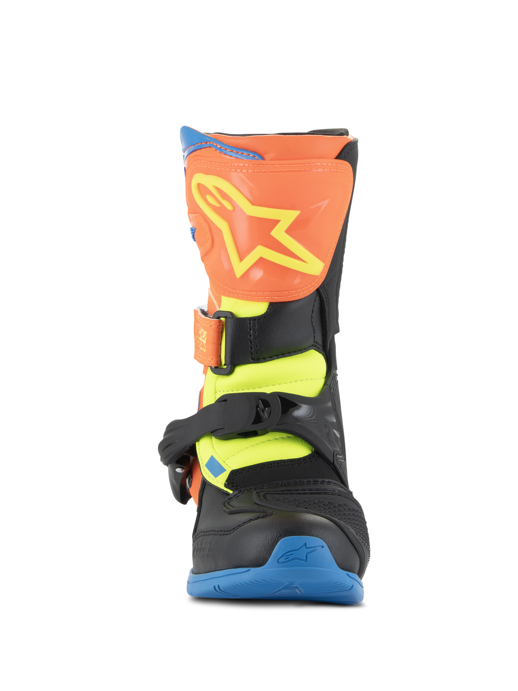 Bottes Alpinestars Kids Tech 3S, bottes de motocross, orange fluo, bleu émail et jaune fluo, vue de face présentant une plaque de tibia orange avec un logo d'étoile jaune, des fermetures à boucles noires et une semelle bleue, chaussures de protection tout-terrain pour jeunes pilotes