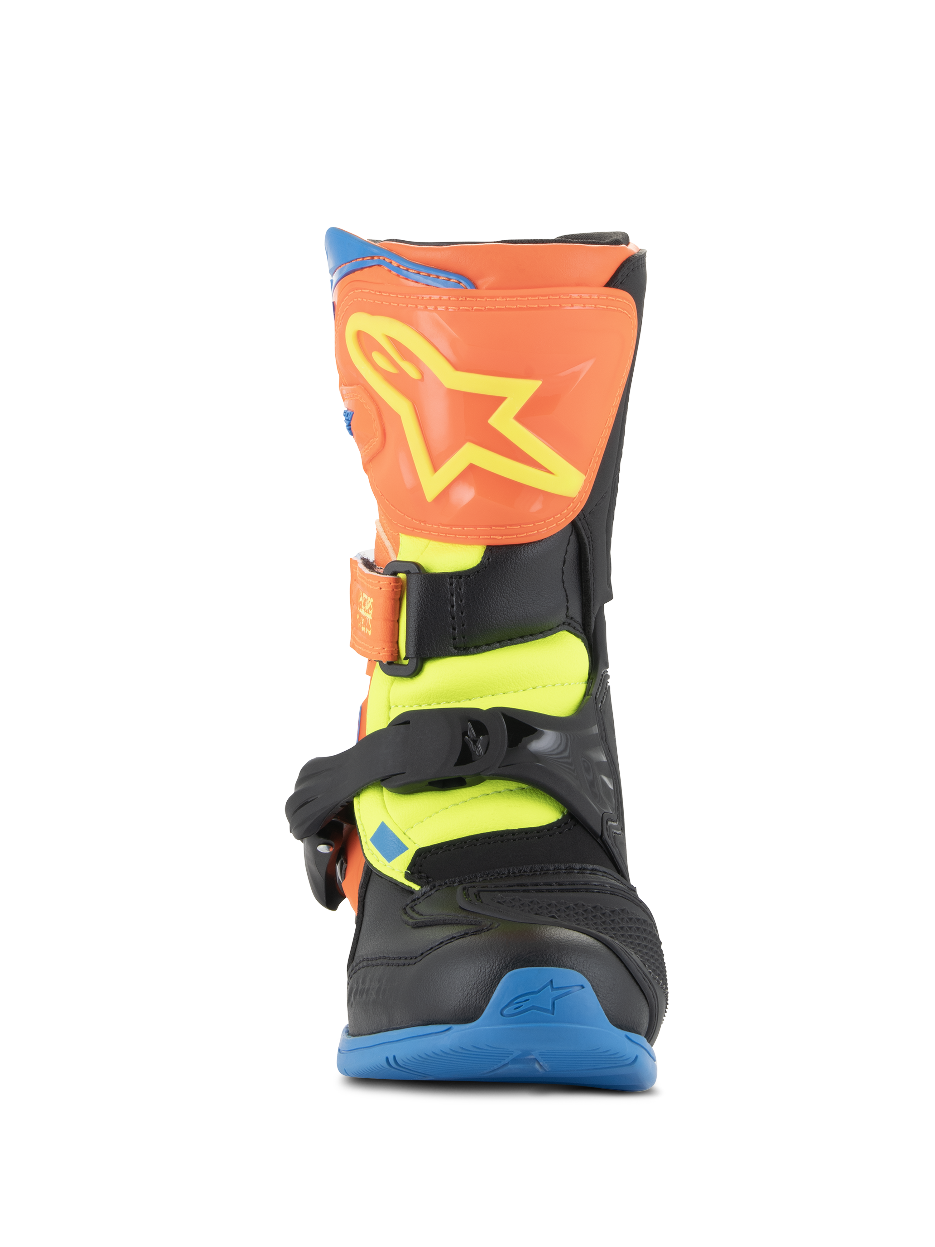Bottes Alpinestars Kids Tech 3S, bottes de motocross, orange fluo, bleu émail et jaune fluo, vue de face présentant une plaque de tibia orange avec un logo d'étoile jaune, des fermetures à boucles noires et une semelle bleue, chaussures de protection tout-terrain pour jeunes pilotes