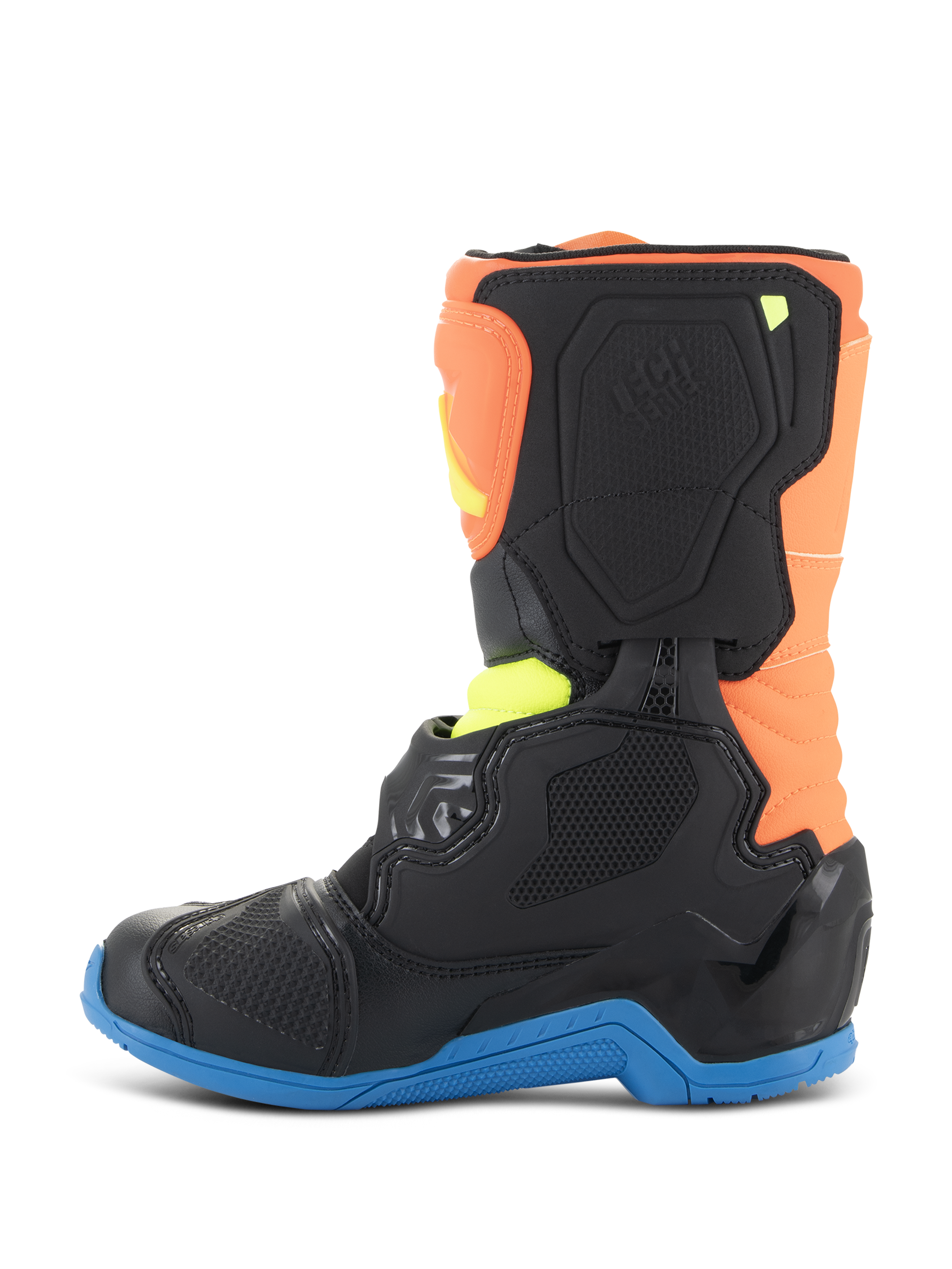 Bottes Alpinestars Kids Tech 3S, bottes de motocross, orange fluo, bleu émail et jaune fluo, vue de profil avec panneaux de protection noirs, semelle bleue et tige orange, conçues pour les courses tout-terrain des jeunes pilotes