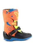Bottes Alpinestars Tech 3S Kids, bottes de motocross pour enfant, orange fluo, bleu émail et jaune fluo, avec plaque de tibia protectrice en TPU, sangles auto-agrippantes réglables et semelle en caoutchouc bleu durable, conçues pour la course tout-terrain