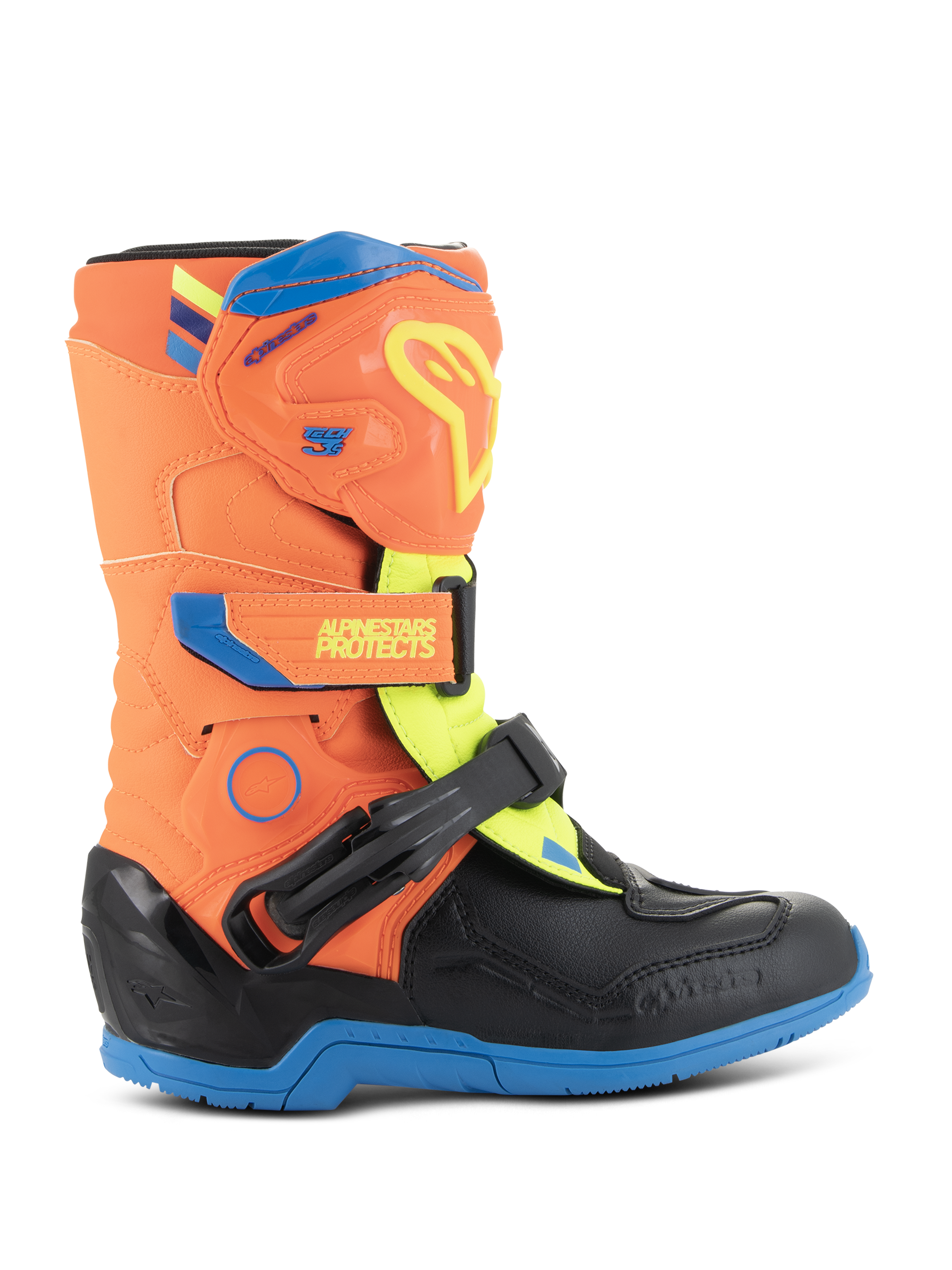 Bottes Alpinestars Tech 3S Kids, bottes de motocross pour enfant, orange fluo, bleu émail et jaune fluo, avec plaque de tibia protectrice en TPU, sangles auto-agrippantes réglables et semelle en caoutchouc bleu durable, conçues pour la course tout-terrain