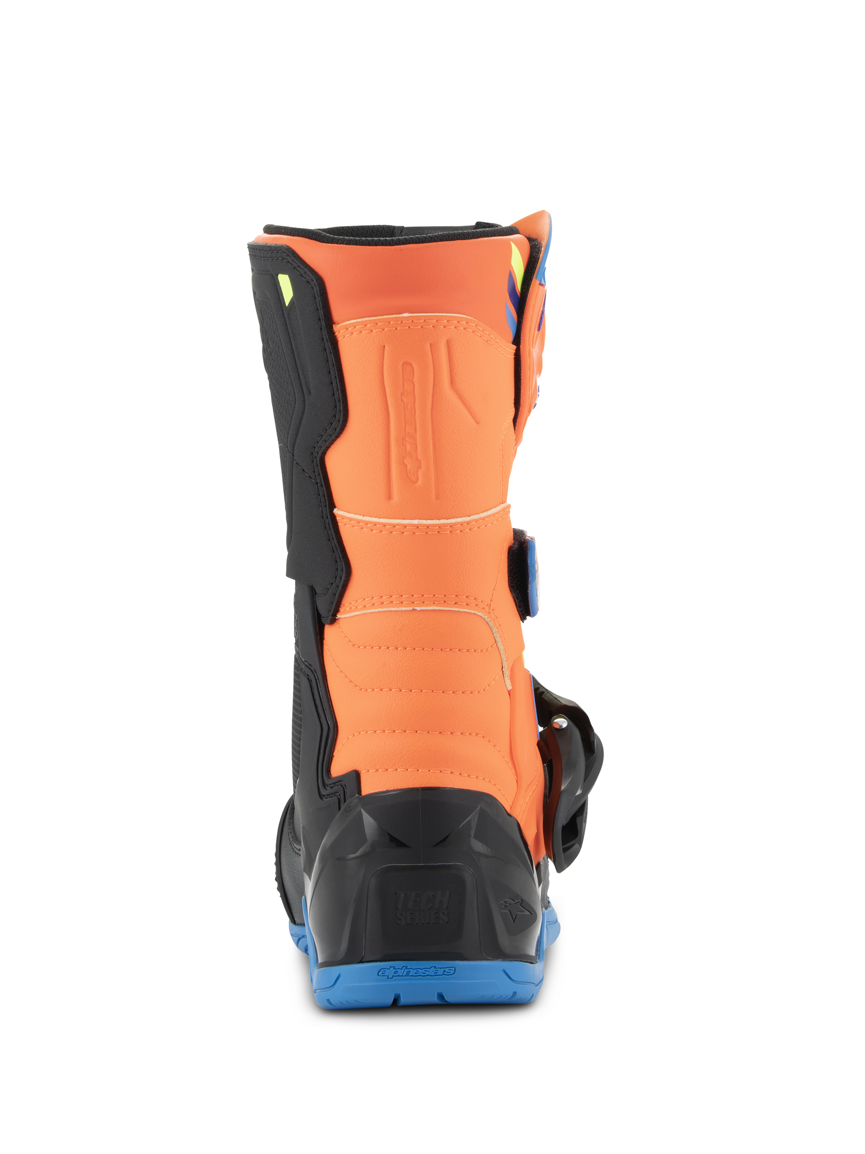 Bottes Alpinestars Kids Tech 3S, bottes de motocross pour enfant, orange fluo et bleu émail, vue arrière montrant le panneau orange au mollet, la protection de talon noire et la semelle extérieure en caoutchouc bleu.