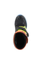 Bottes Alpinestars Tech 3S Kids, bottes de motocross, orange fluo, bleu émail et jaune fluo, vue de dessus de l'ouverture rembourrée, montrant la pointe en microfibre noire et la fermeture à boucle.
