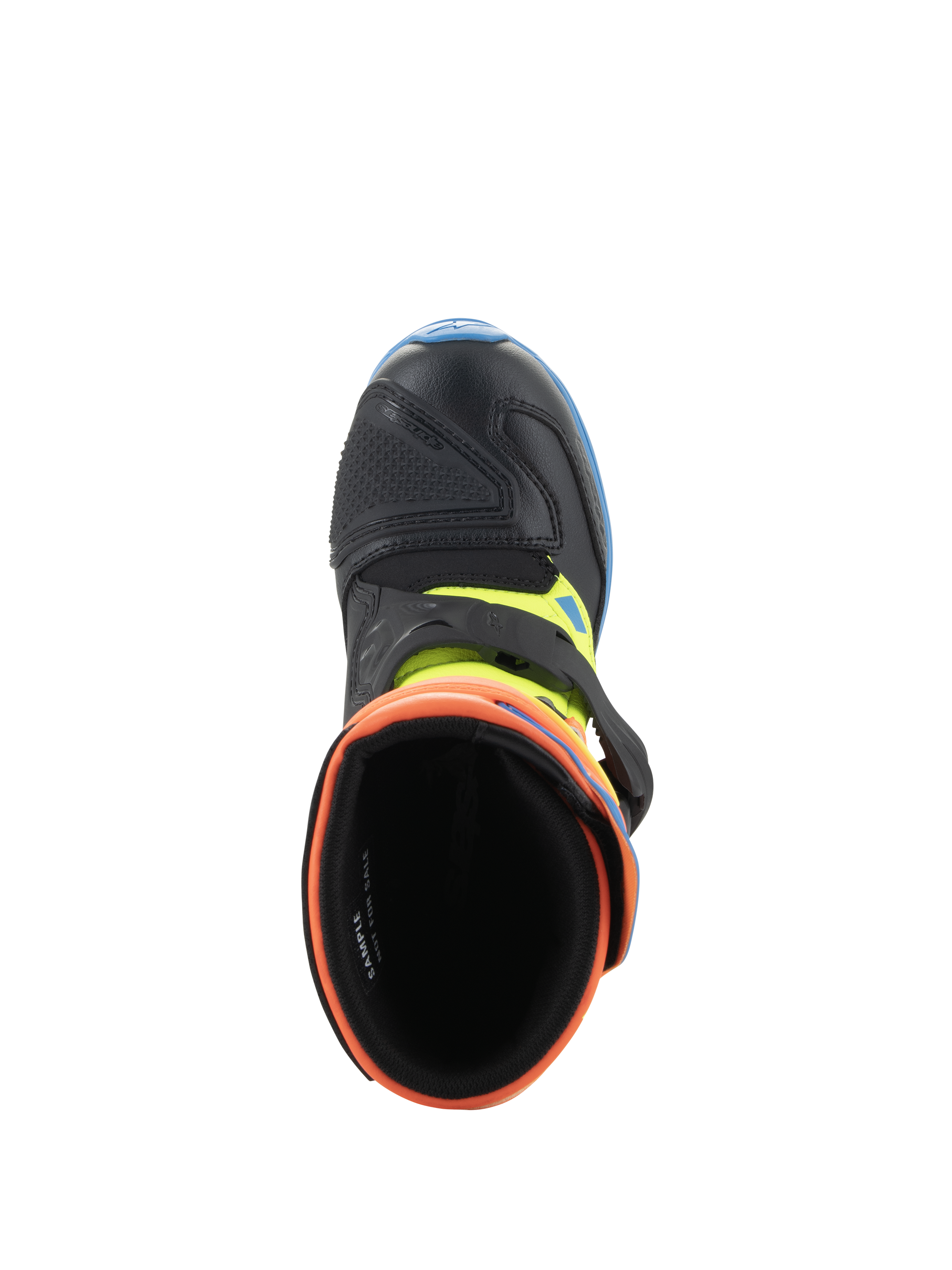 Bottes Alpinestars Tech 3S Kids, bottes de motocross, orange fluo, bleu émail et jaune fluo, vue de dessus de l'ouverture rembourrée, montrant la pointe en microfibre noire et la fermeture à boucle.