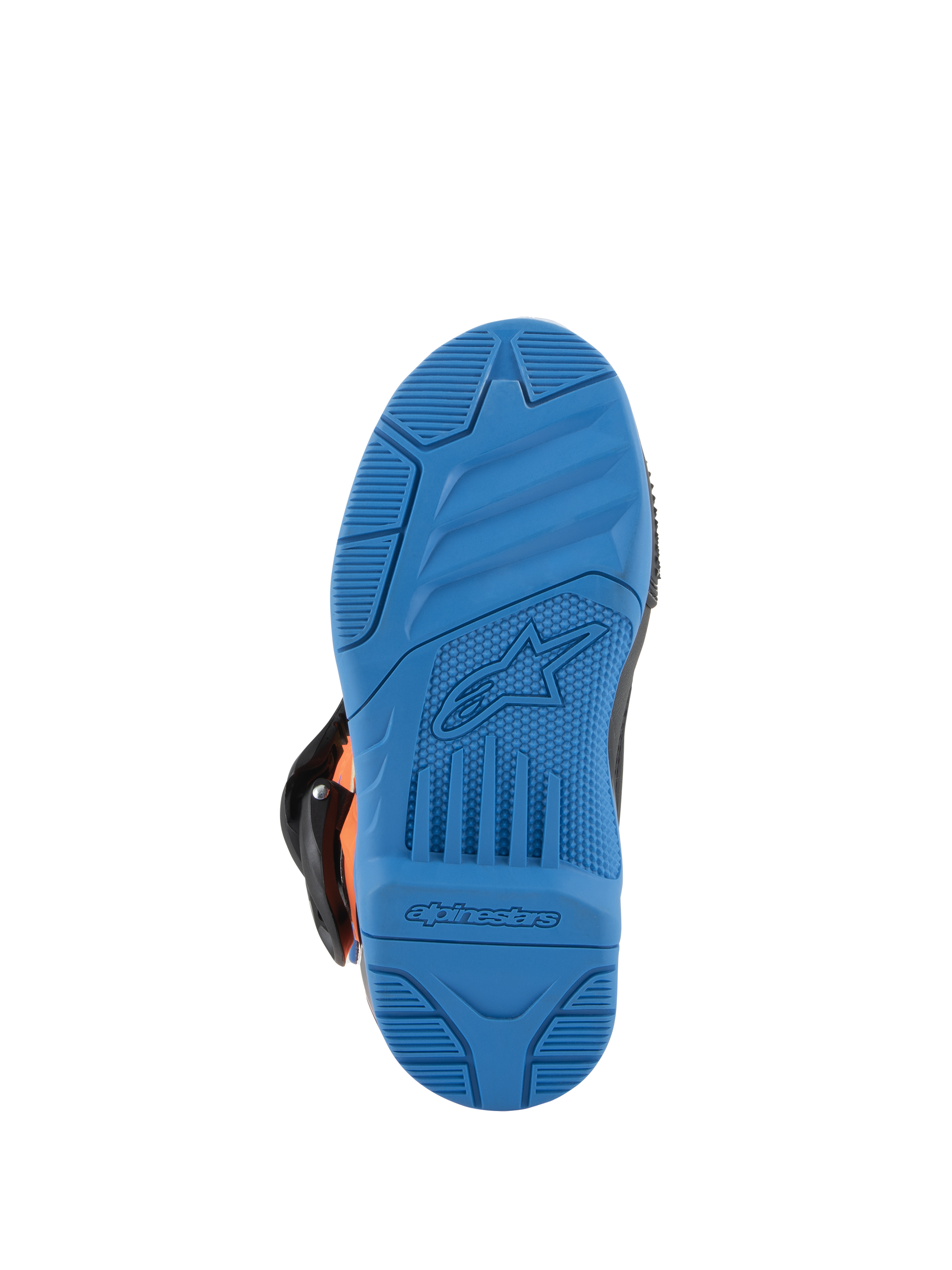 Bottes Alpinestars Kids Tech 3S, bottes de motocross, vue de la semelle Bleu Enamel, semelle extérieure en caoutchouc à haute adhérence avec motifs texturés, logo étoile et lettrage Alpinestars embossés, design tout-terrain durable