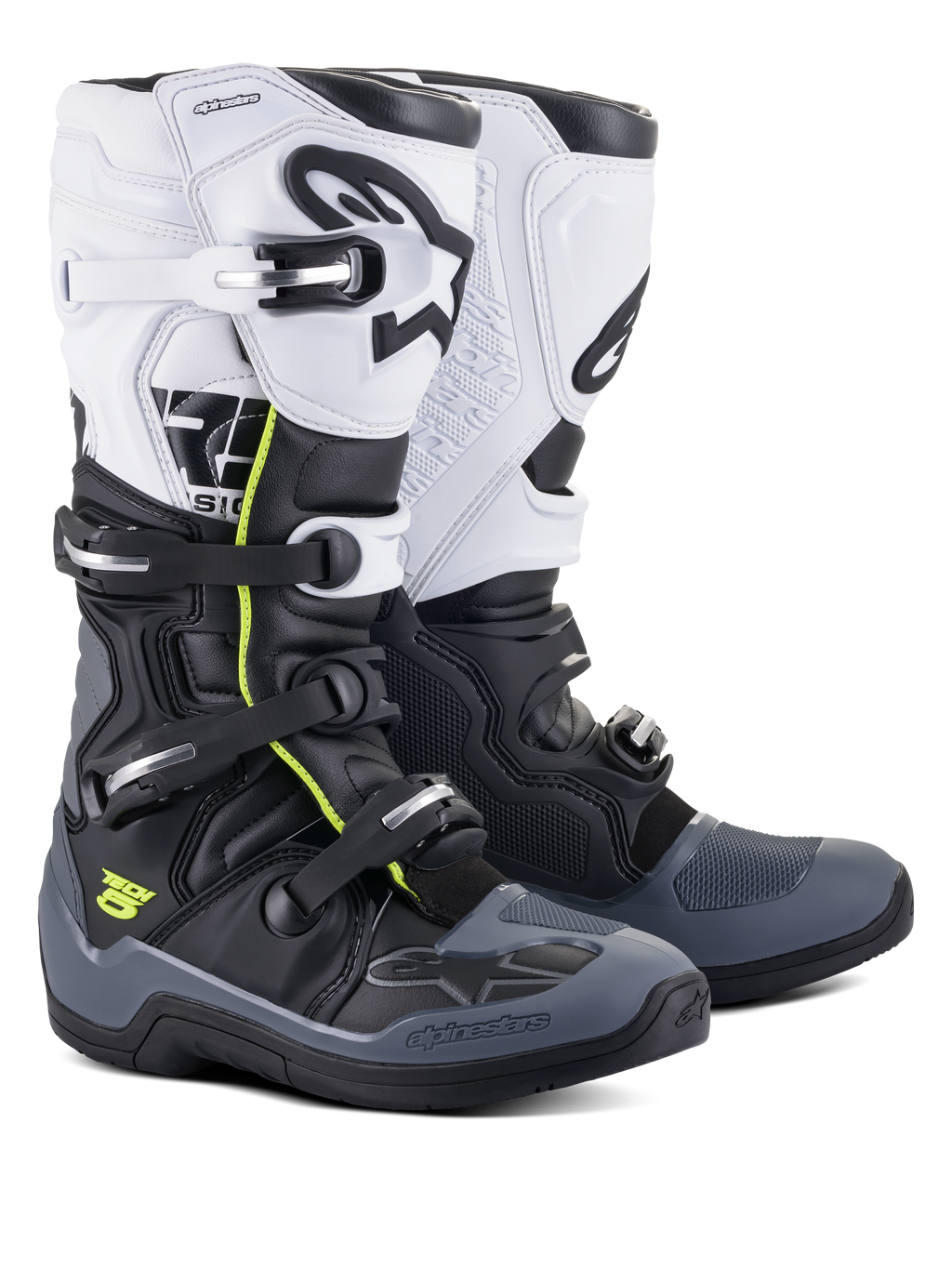 Bottes Alpinestars Tech 5, bottes de motocross et tout-terrain, noir, gris foncé et blanc, avec des accents jaune fluo, système de fermeture à quatre boucles, panneau supérieur blanc avec logo Astars noir, protection des orteils et du talon gris foncé, et construction en microfibre durable