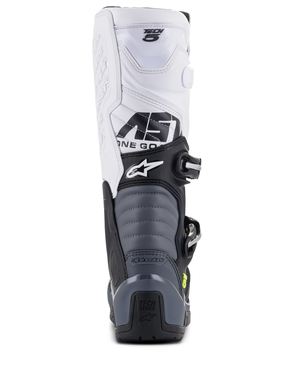 Bottes Alpinestars Tech 5, bottes de motocross, noir, gris foncé et blanc, vue arrière montrant la partie supérieure blanche avec logo Tech 5, zones de flexion en accordéon grises et protection de talon noire avec logo Tech Series