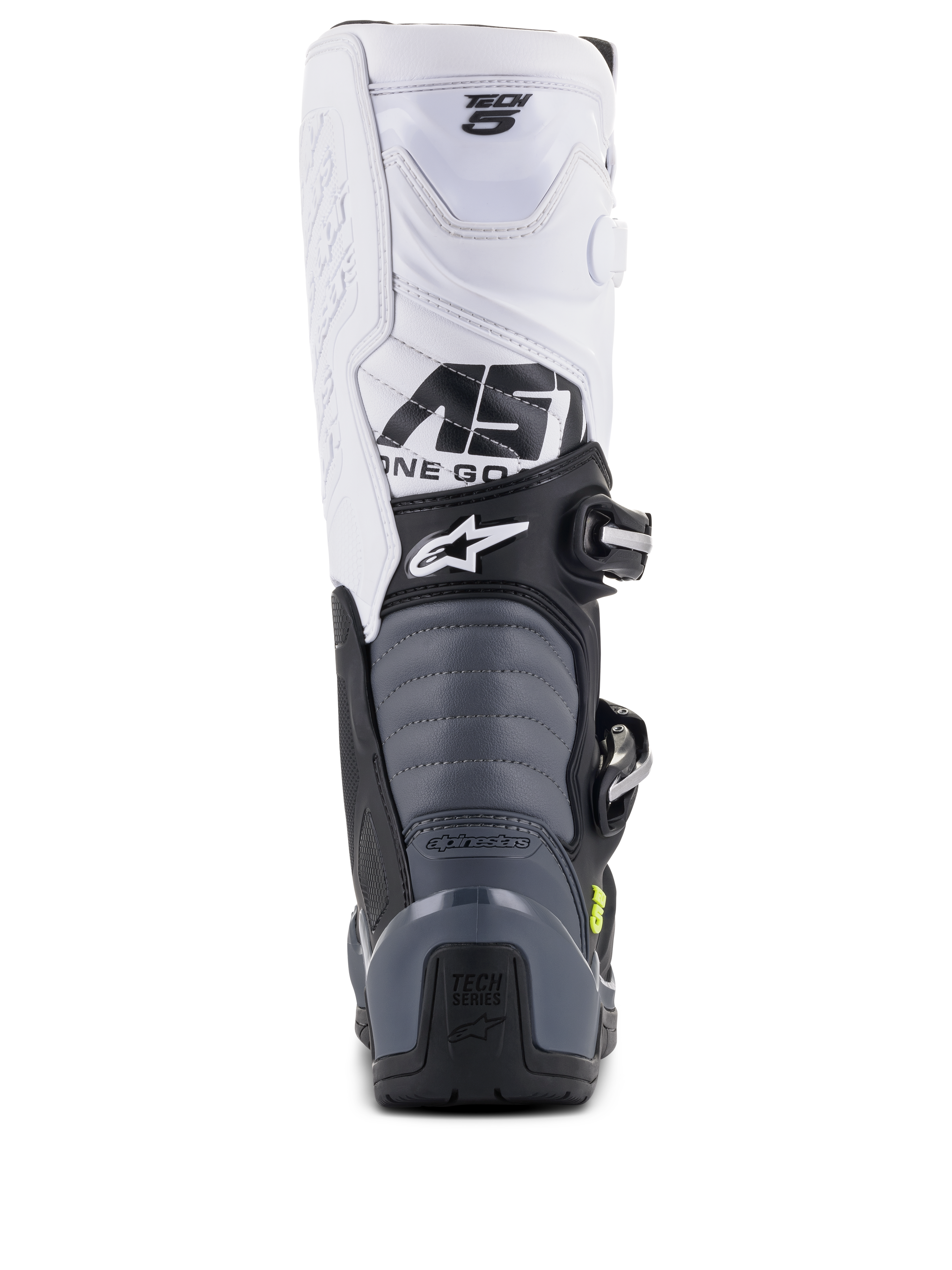 Bottes Alpinestars Tech 5, bottes de motocross, noir, gris foncé et blanc, vue arrière montrant la partie supérieure blanche avec logo Tech 5, zones de flexion en accordéon grises et protection de talon noire avec logo Tech Series
