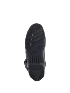 Bottes Alpinestars Tech 5, vue de la semelle, noires, motif de semelle texturé pour une adhérence tout-terrain, avec logo et symbole d'étoile Alpinestars embossés, chaussure de motocross à construction durable