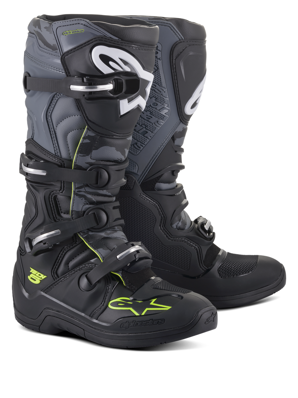 Alpinestars Tech 5 laarzen, motorcross- en off-road laarzen, zwart, koel grijs en fluorgeel, voorzien van een sluitingssysteem met vier gespen, witte logo's op de scheenplaat en neongele accenten, duurzame microvezelconstructie voor off-road prestaties