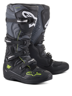 Alpinestars Tech 5 laarzen, motorcross- en off-road laarzen, zwart, koel grijs en fluorgeel, voorzien van een sluitingssysteem met vier gespen, witte logo's op de scheenplaat en neongele accenten, duurzame microvezelconstructie voor off-road prestaties