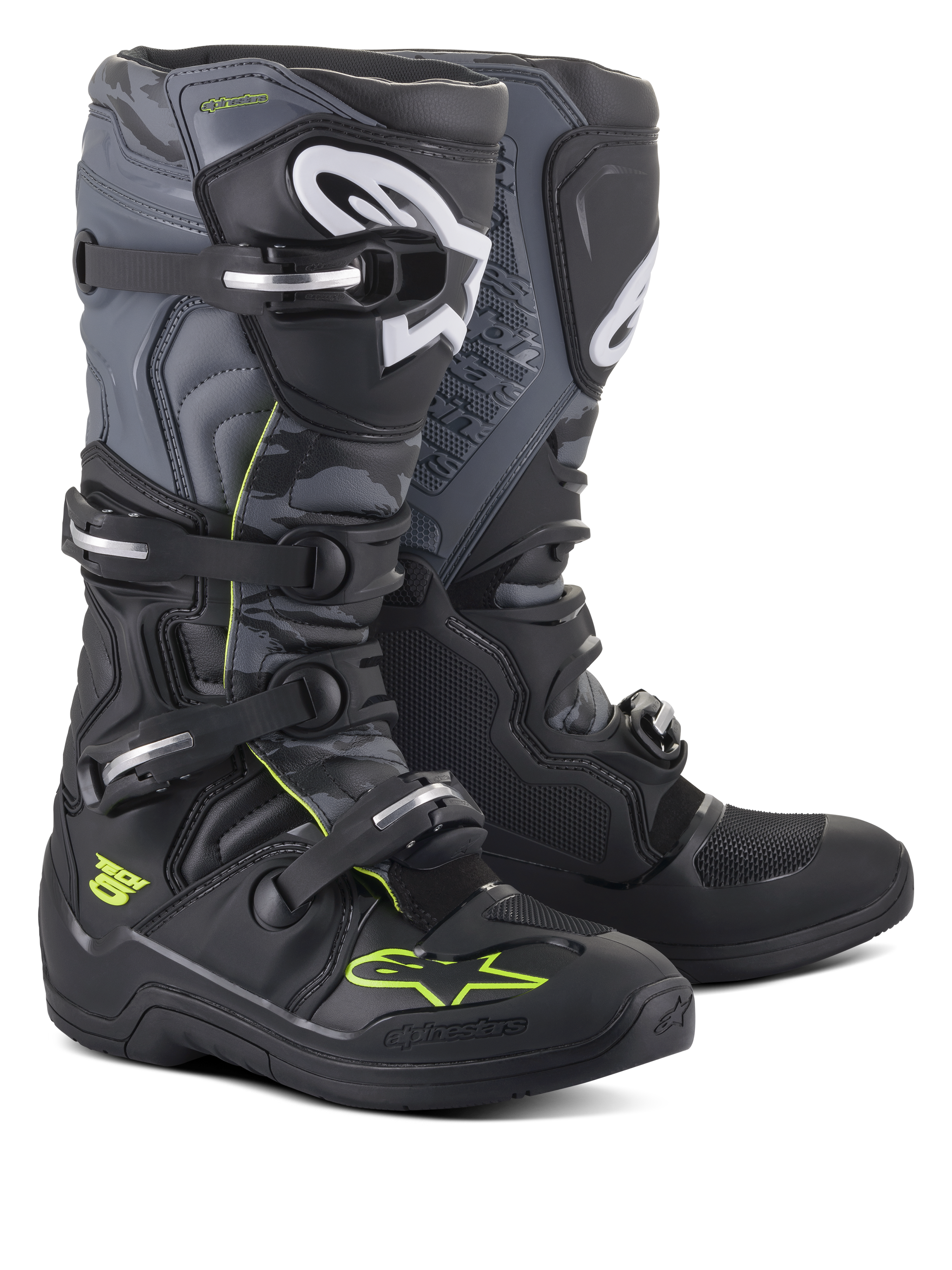 Alpinestars Tech 5 laarzen, motorcross- en off-road laarzen, zwart, koel grijs en fluorgeel, voorzien van een sluitingssysteem met vier gespen, witte logo's op de scheenplaat en neongele accenten, duurzame microvezelconstructie voor off-road prestaties