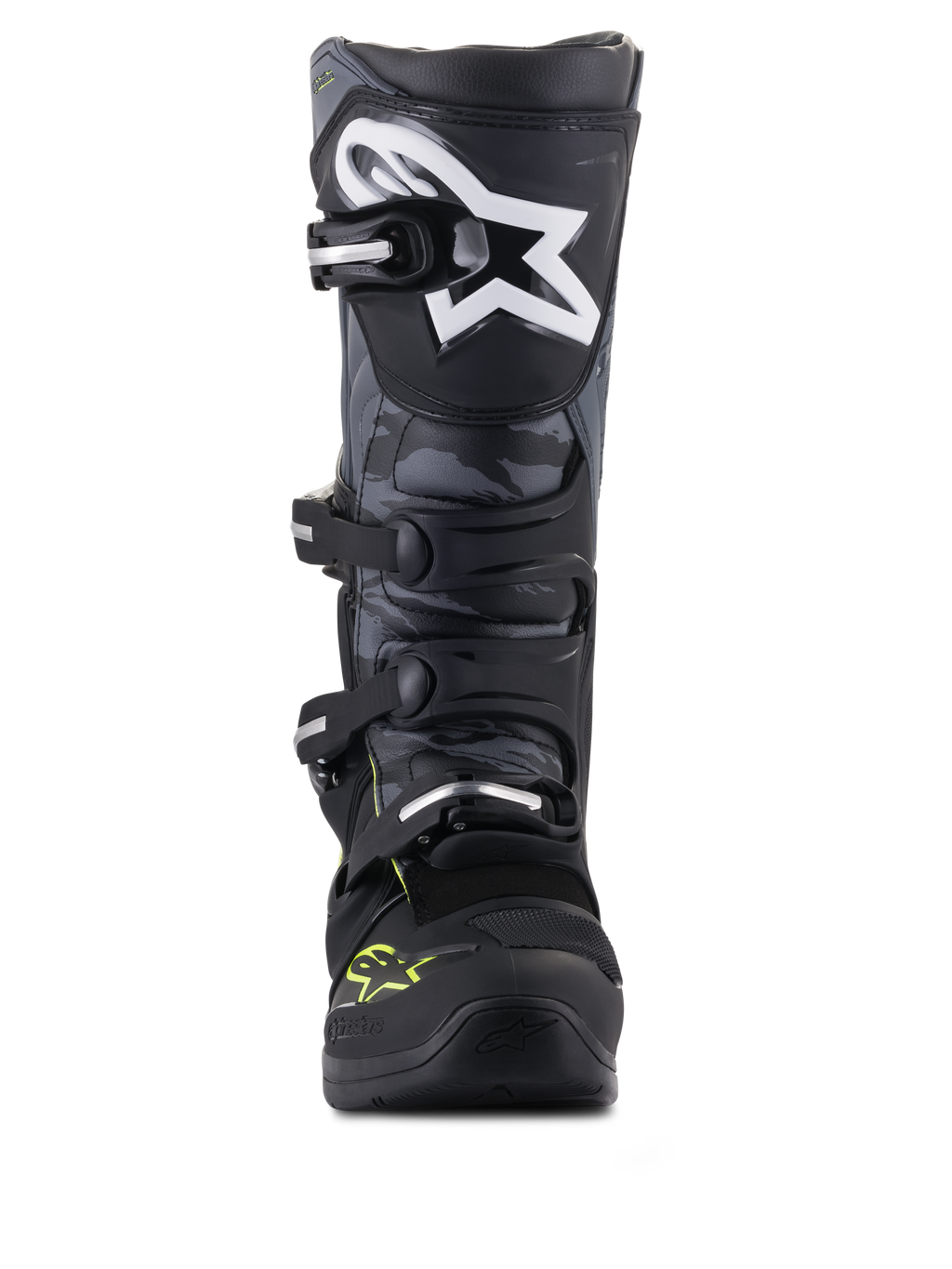 Alpinestars Tech 5 motorcrosslaarzen, zwart en grijs met fluogeel, vooraanzicht met camouflagepanelen en ster-logo.