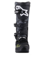 Alpinestars Tech 5 motorcrosslaarzen, zwart en grijs met fluogeel, vooraanzicht met camouflagepanelen en ster-logo.