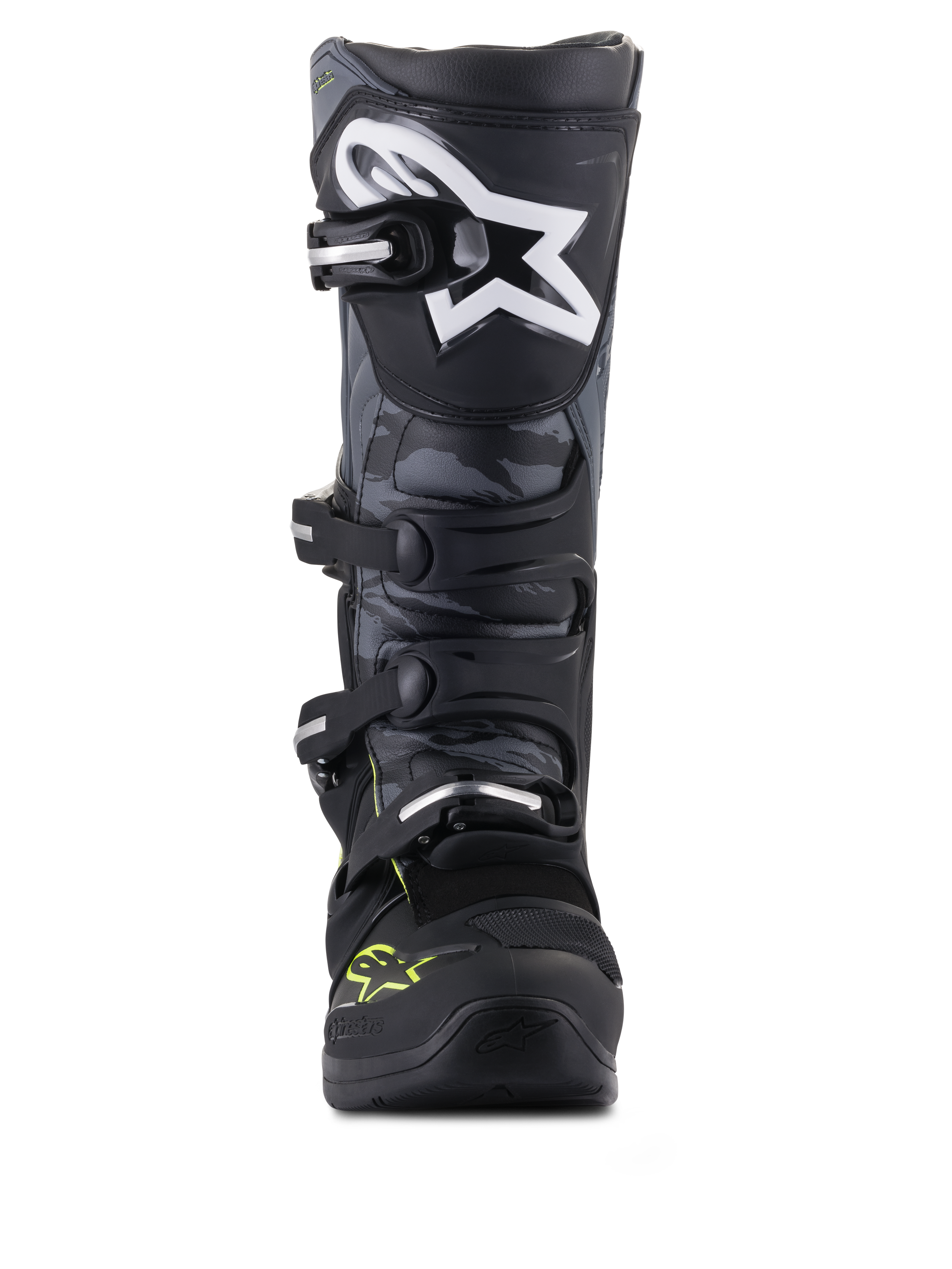 Alpinestars Tech 5 motorcrosslaarzen, zwart en grijs met fluogeel, vooraanzicht met camouflagepanelen en ster-logo.