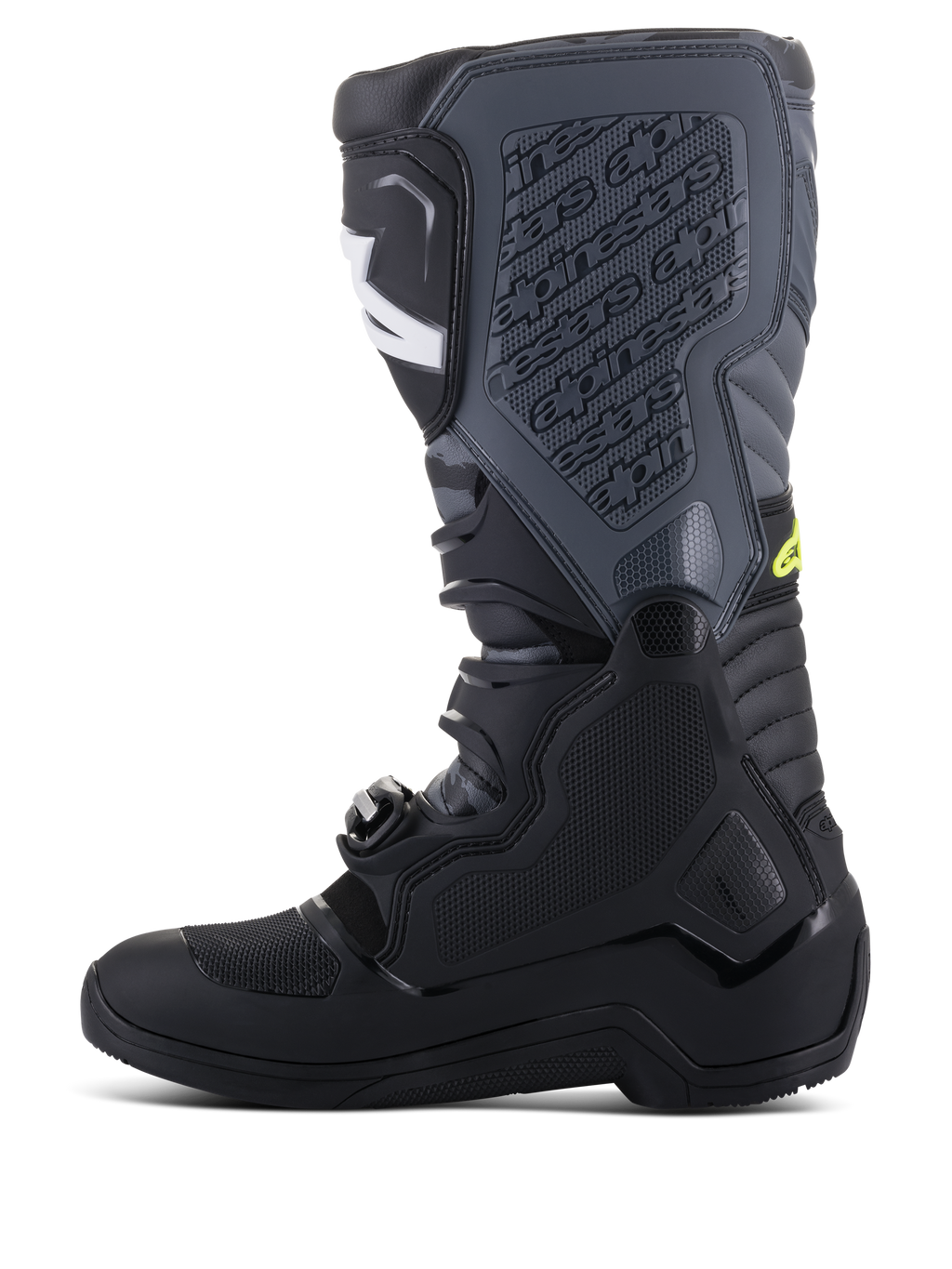 Alpinestars Tech 5 laarzen, motorcrosslaarzen, zwart en Cool Gray met Yellow Fluo accenten, zijprofiel met een hoge constructie uit meerdere panelen, gespsluitingssysteem en getextureerde scheenplaat met logo in reliëf, off-road raceschoeisel