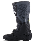 Alpinestars Tech 5 laarzen, motorcrosslaarzen, zwart en Cool Gray met Yellow Fluo accenten, zijprofiel met een hoge constructie uit meerdere panelen, gespsluitingssysteem en getextureerde scheenplaat met logo in reliëf, off-road raceschoeisel