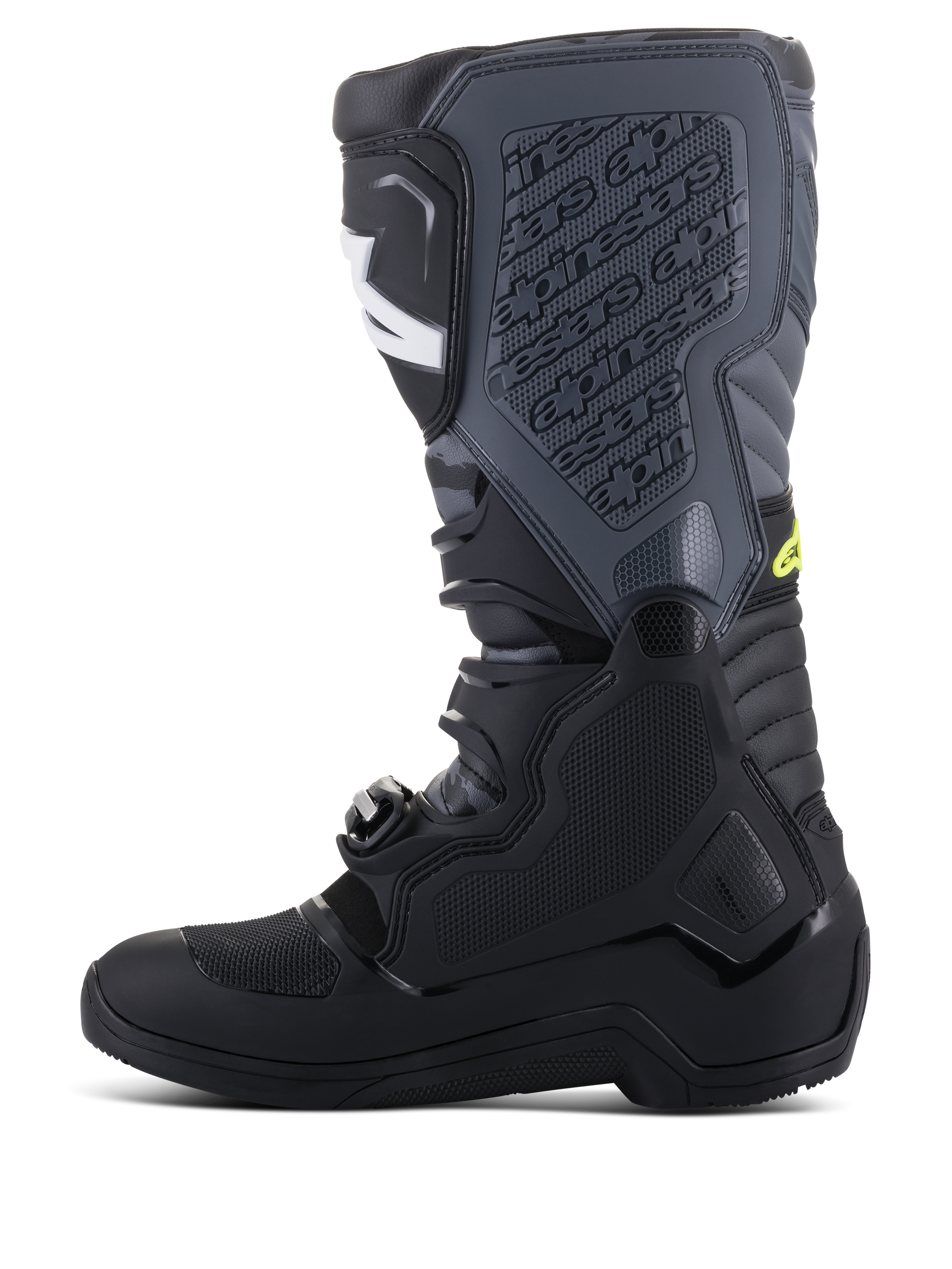 Alpinestars Tech 5 laarzen, motorcrosslaarzen, zwart en Cool Gray met Yellow Fluo accenten, zijprofiel met een hoge constructie uit meerdere panelen, gespsluitingssysteem en getextureerde scheenplaat met logo in reliëf, off-road raceschoeisel