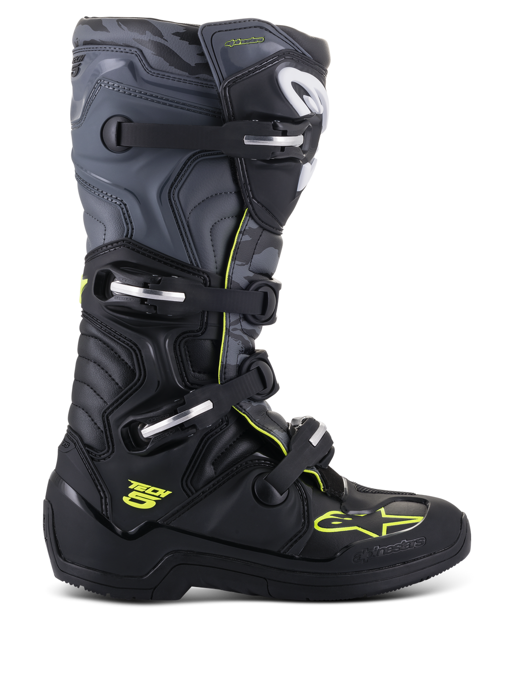 Alpinestars Tech 5 laarzen, motorcross off-road laarzen, zijprofiel, zwart en Cool Gray met fluoriserend gele accenten, voorzien van camouflagepatroon, verstelbare gespen en een robuuste beschermende zool