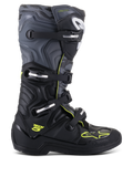 Alpinestars Tech 5 laarzen, motorcross off-road laarzen, zijprofiel, zwart en Cool Gray met fluoriserend gele accenten, voorzien van camouflagepatroon, verstelbare gespen en een robuuste beschermende zool