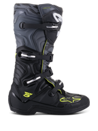 Alpinestars Tech 5 laarzen, motorcross off-road laarzen, zijprofiel, zwart en Cool Gray met fluoriserend gele accenten, voorzien van camouflagepatroon, verstelbare gespen en een robuuste beschermende zool