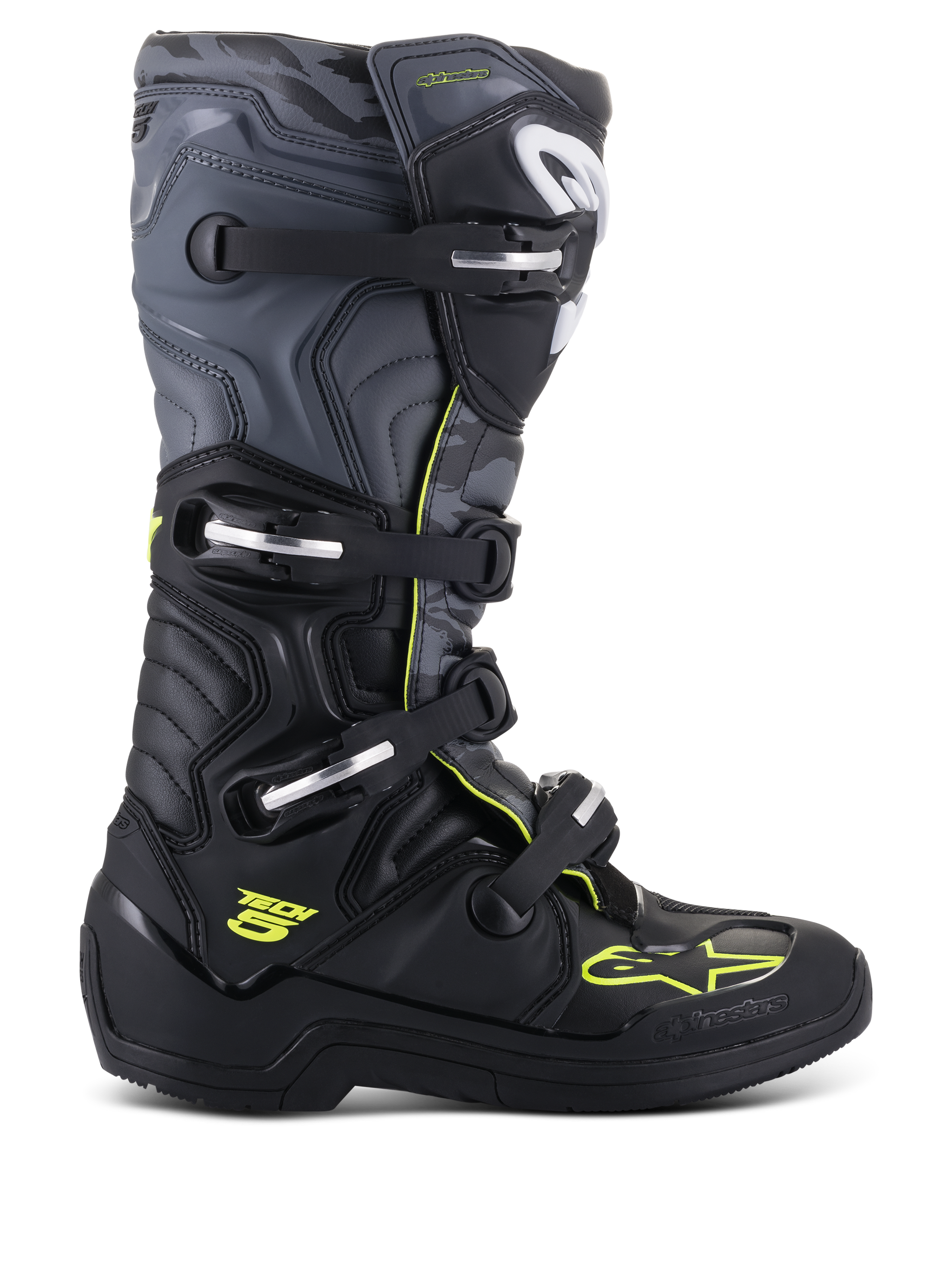Alpinestars Tech 5 laarzen, motorcross off-road laarzen, zijprofiel, zwart en Cool Gray met fluoriserend gele accenten, voorzien van camouflagepatroon, verstelbare gespen en een robuuste beschermende zool