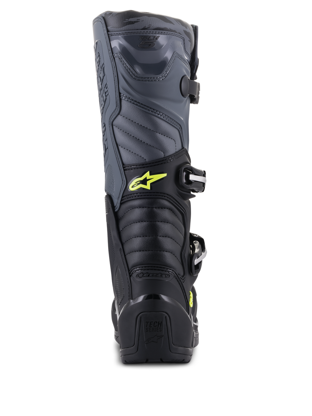 Alpinestars Tech 5 laarzen, motorcrosslaarzen, zwart, koel grijs en fluoriserend geel, achteraanzicht met accordeon-flexzones en hielbescherming, voorzien van geel Astars-logo en Tech Series-reliëf, duurzame constructie voor off-road prestaties