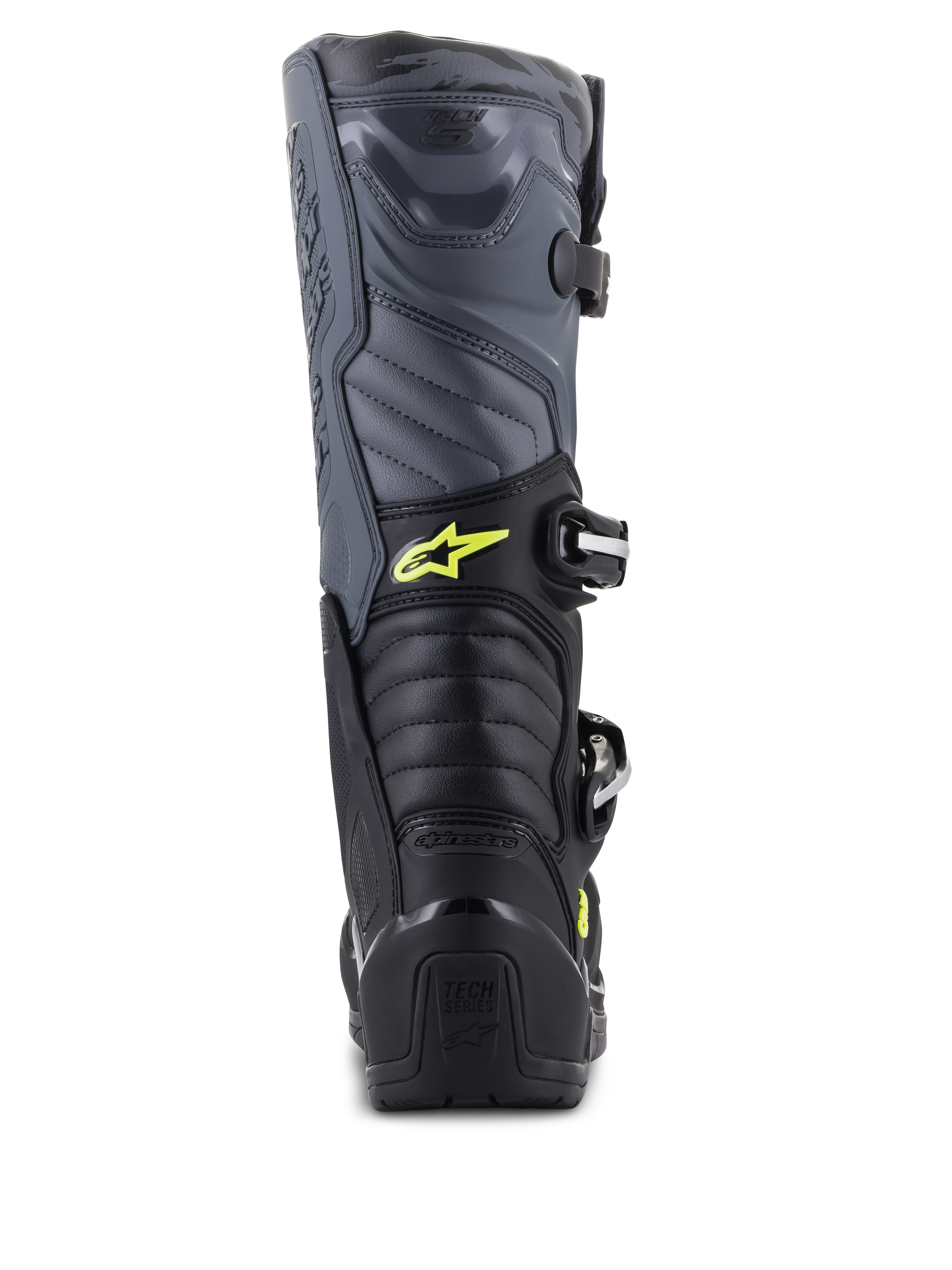 Alpinestars Tech 5 laarzen, motorcrosslaarzen, zwart, koel grijs en fluoriserend geel, achteraanzicht met accordeon-flexzones en hielbescherming, voorzien van geel Astars-logo en Tech Series-reliëf, duurzame constructie voor off-road prestaties