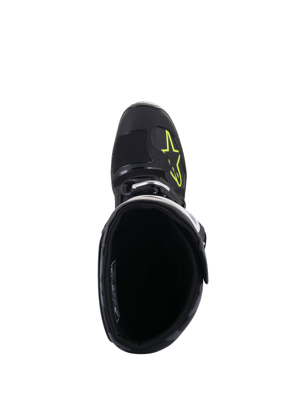 Alpinestars Tech 5 laarzen, bovenaanzicht, zwart met geel fluo logo op de neus, toont de binnenvoering en gespsluiting, hoogwaardig motocross- en off-road schoeisel
